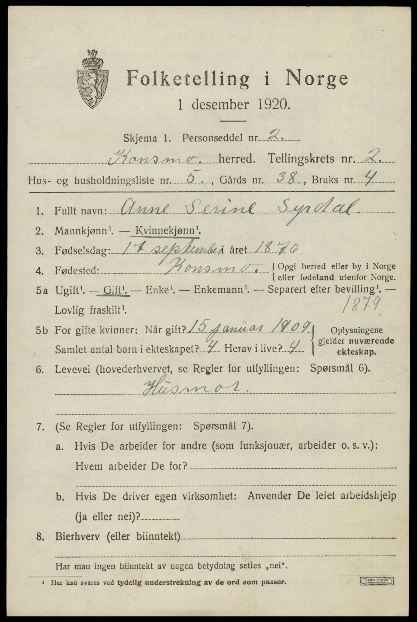 SAK, 1920 census for Konsmo, 1920, p. 1002