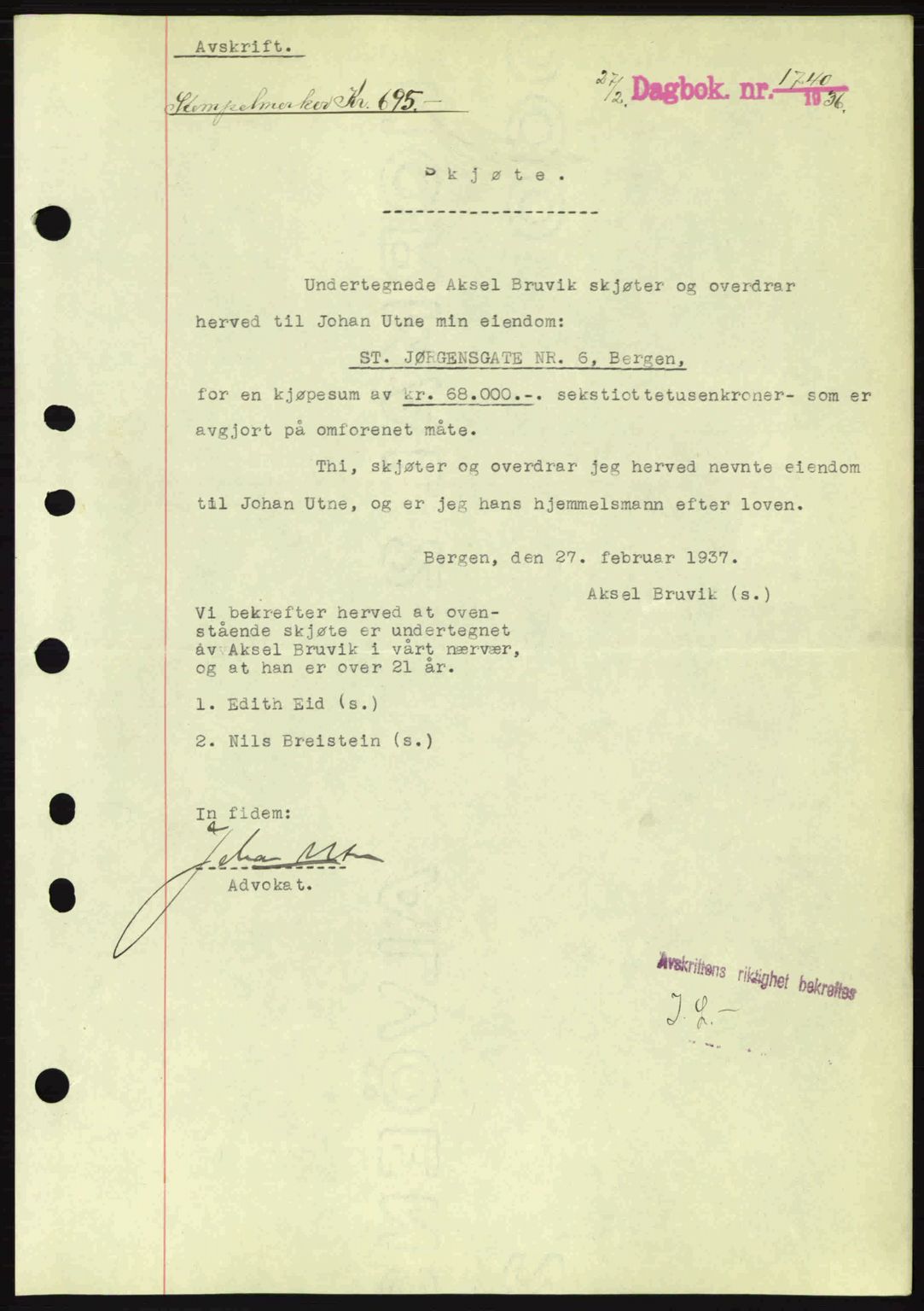 Byfogd og Byskriver i Bergen, SAB/A-3401/03/03Bc/L0004: Mortgage book no. A3-4, 1936-1937, Diary no: : 1740/1937