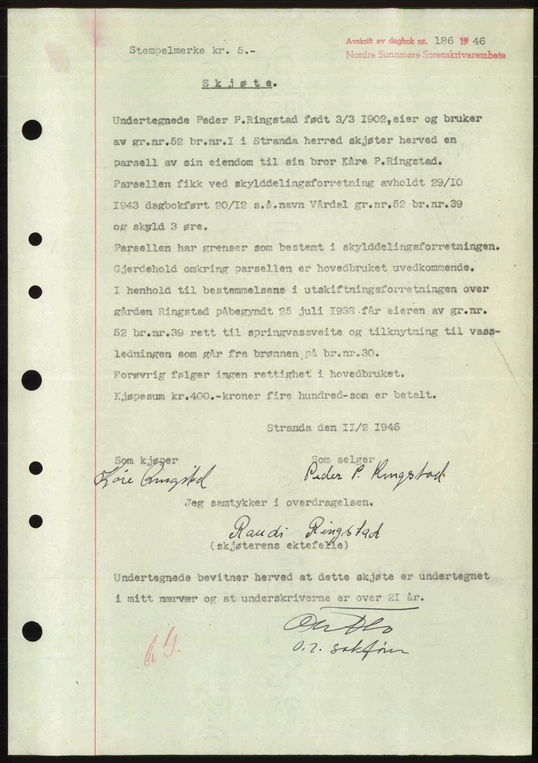 Nordre Sunnmøre sorenskriveri, AV/SAT-A-0006/1/2/2C/2Ca: Mortgage book no. A20b, 1946-1946, Diary no: : 186/1946