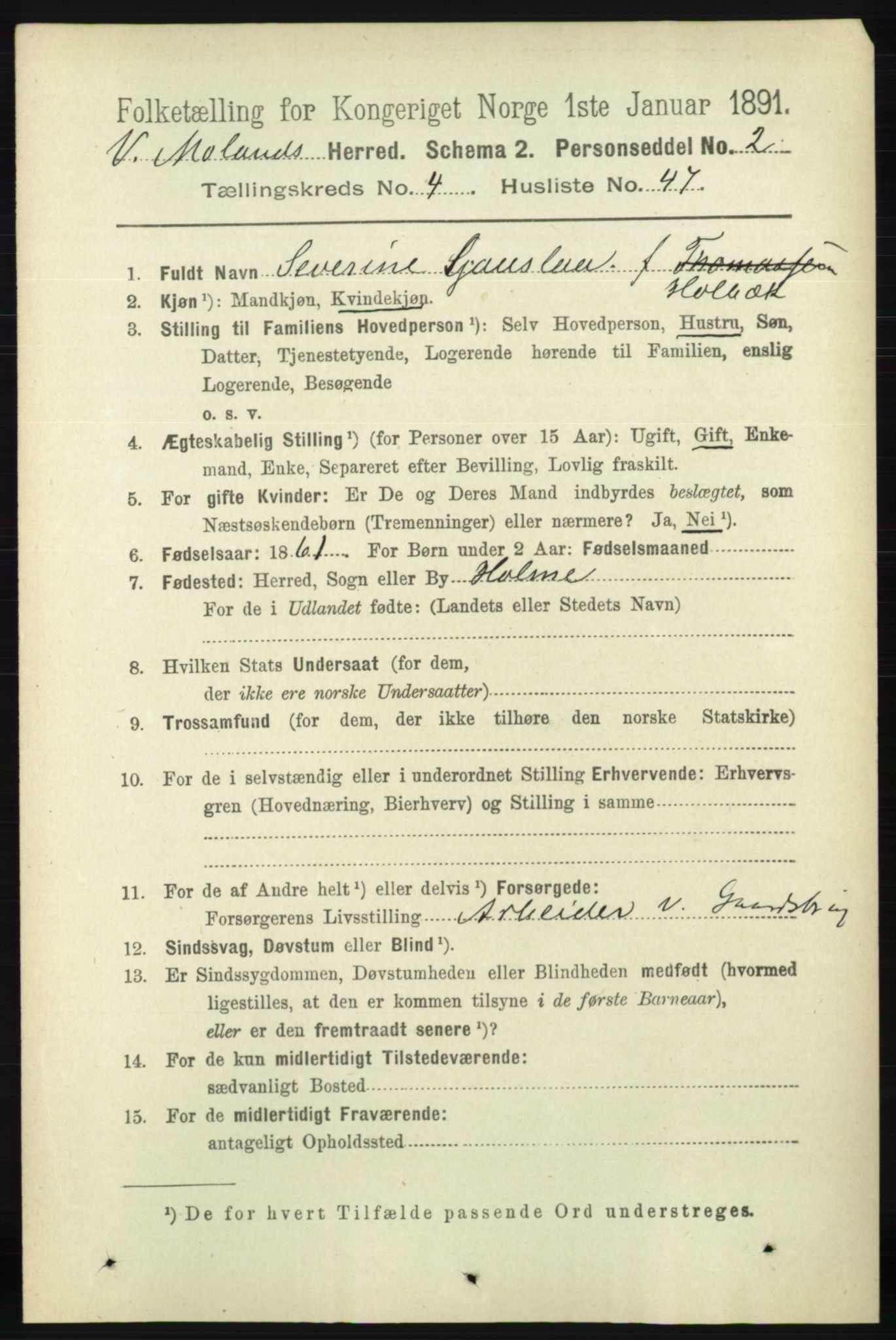 RA, 1891 census for 0926 Vestre Moland, 1891, p. 1571