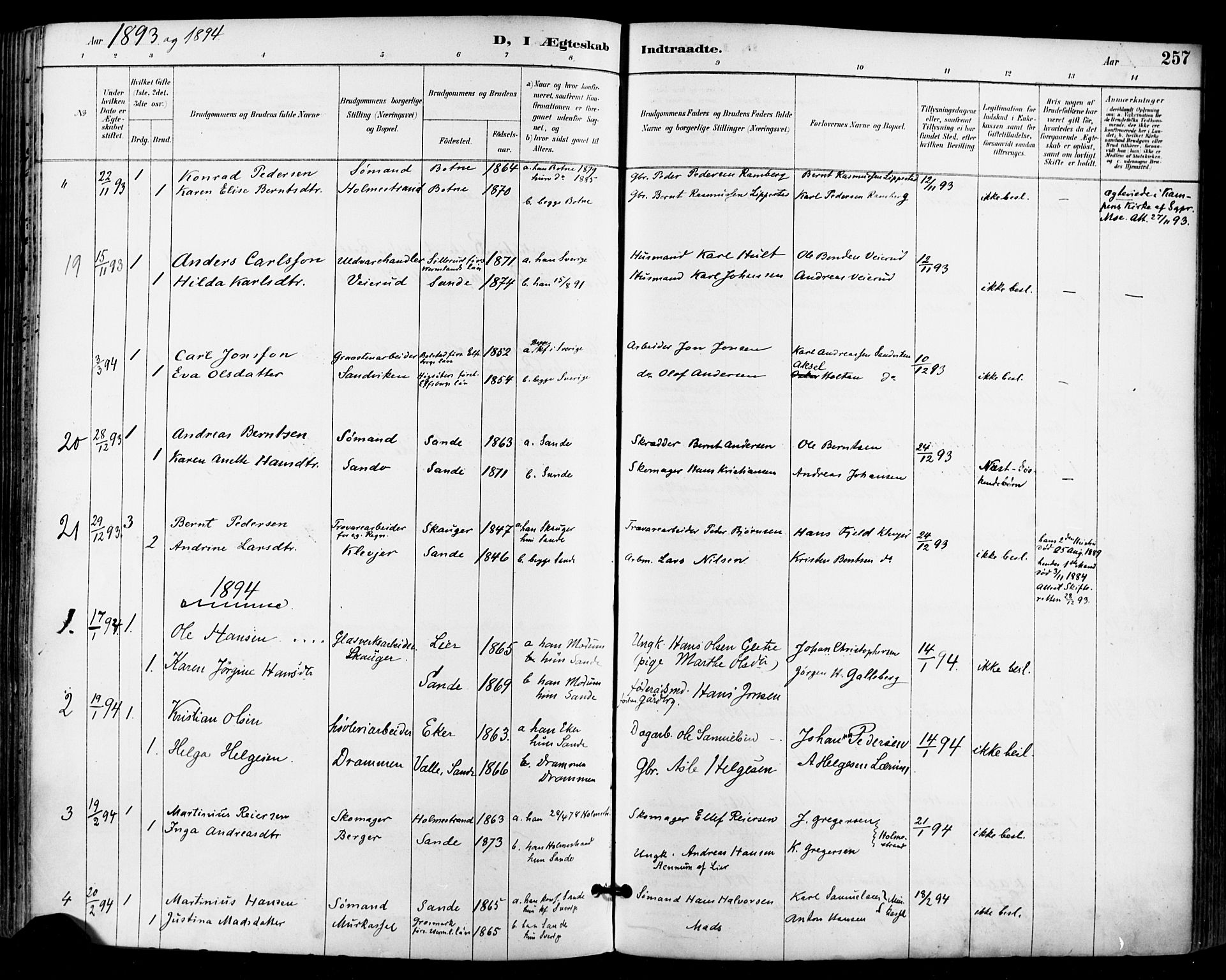 Sande Kirkebøker, SAKO/A-53/F/Fa/L0007: Parish register (official) no. 7, 1888-1903, p. 257