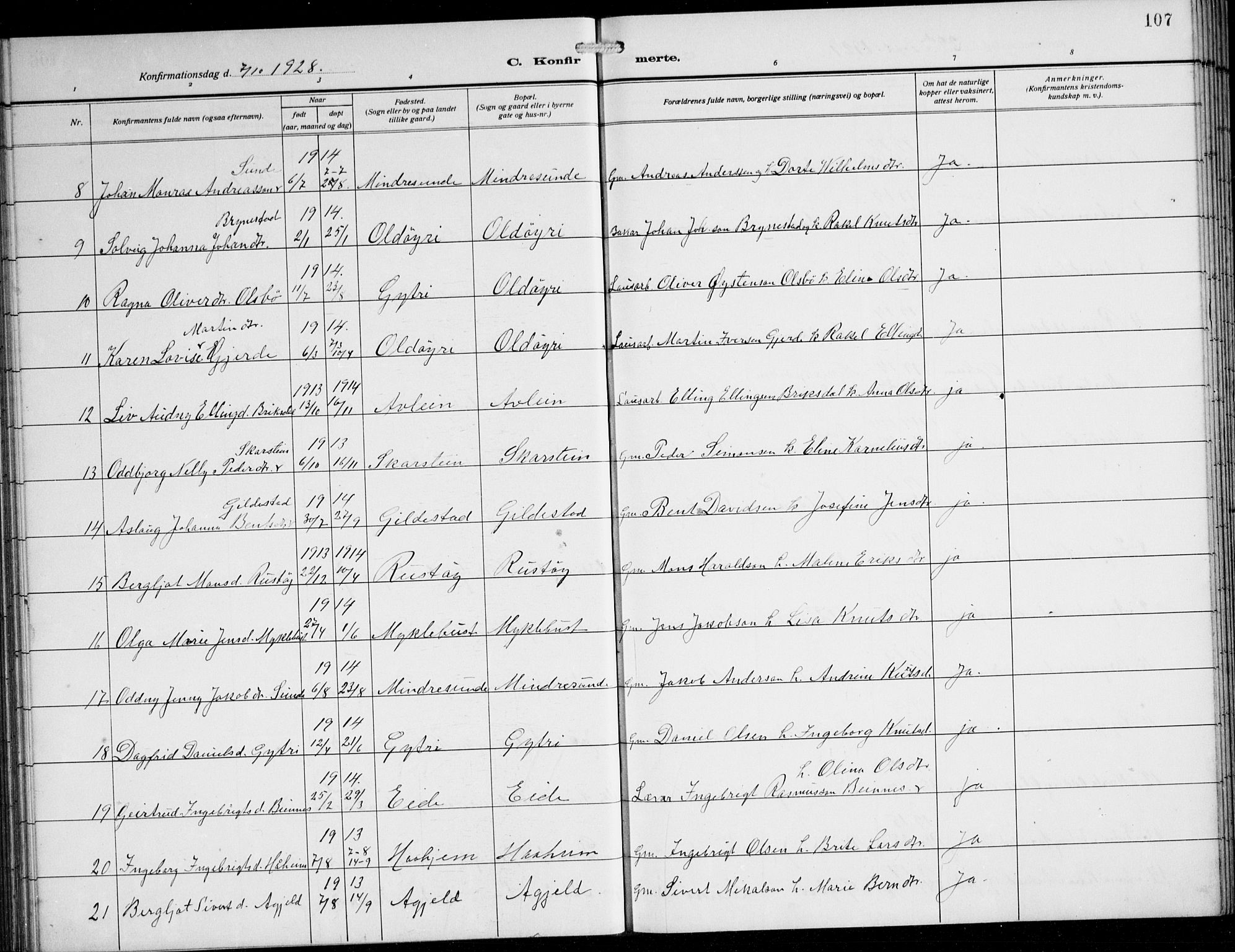 Innvik sokneprestembete, AV/SAB-A-80501: Parish register (copy) no. B 5, 1915-1943, p. 107