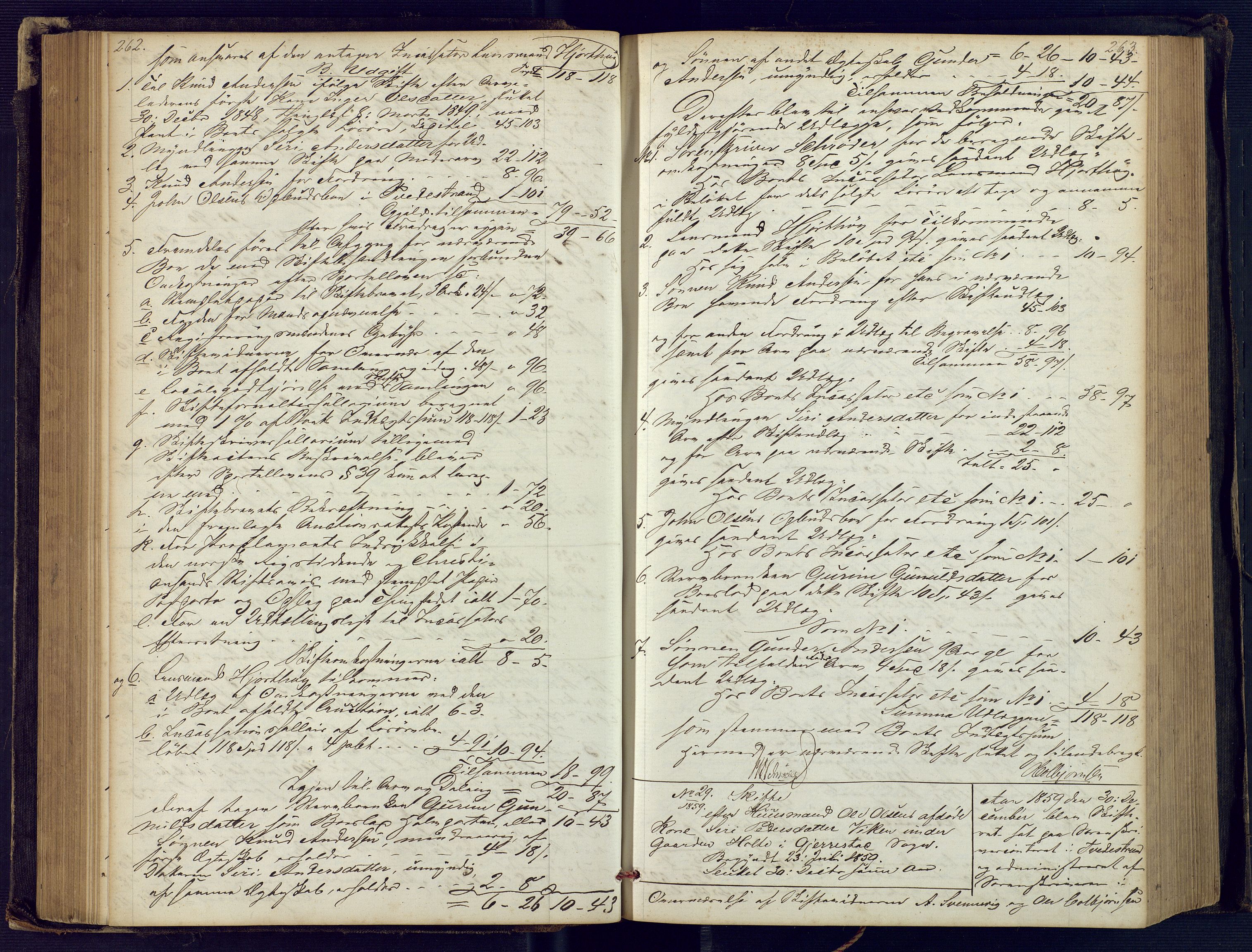 Holt sorenskriveri, SAK/1221-0002/H/Hc/L0029: Skifteutlodningsprotokoll nr. 4 med løst register, 1857-1862, p. 262-263