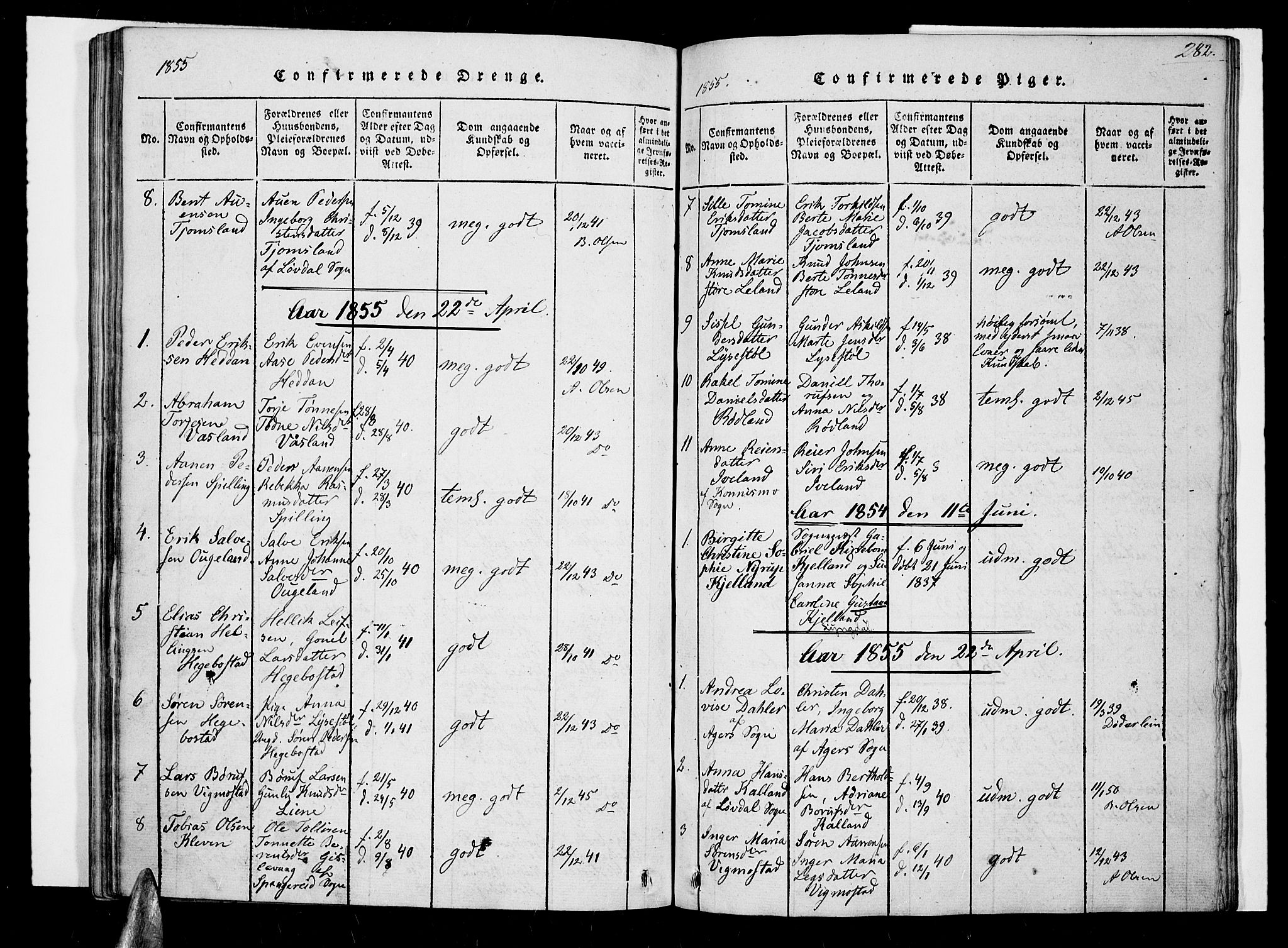 Nord-Audnedal sokneprestkontor, SAK/1111-0032/F/Fa/Fab/L0001: Parish register (official) no. A 1, 1816-1858, p. 282
