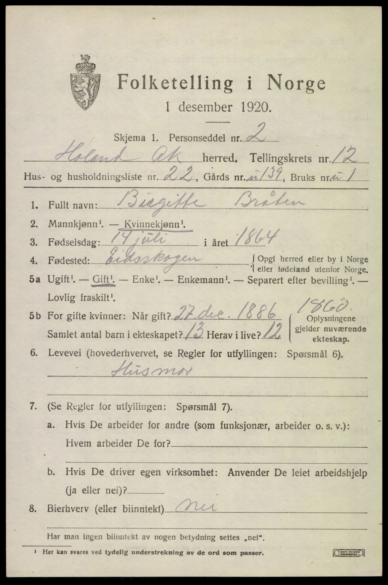 SAO, 1920 census for Høland, 1920, p. 11947