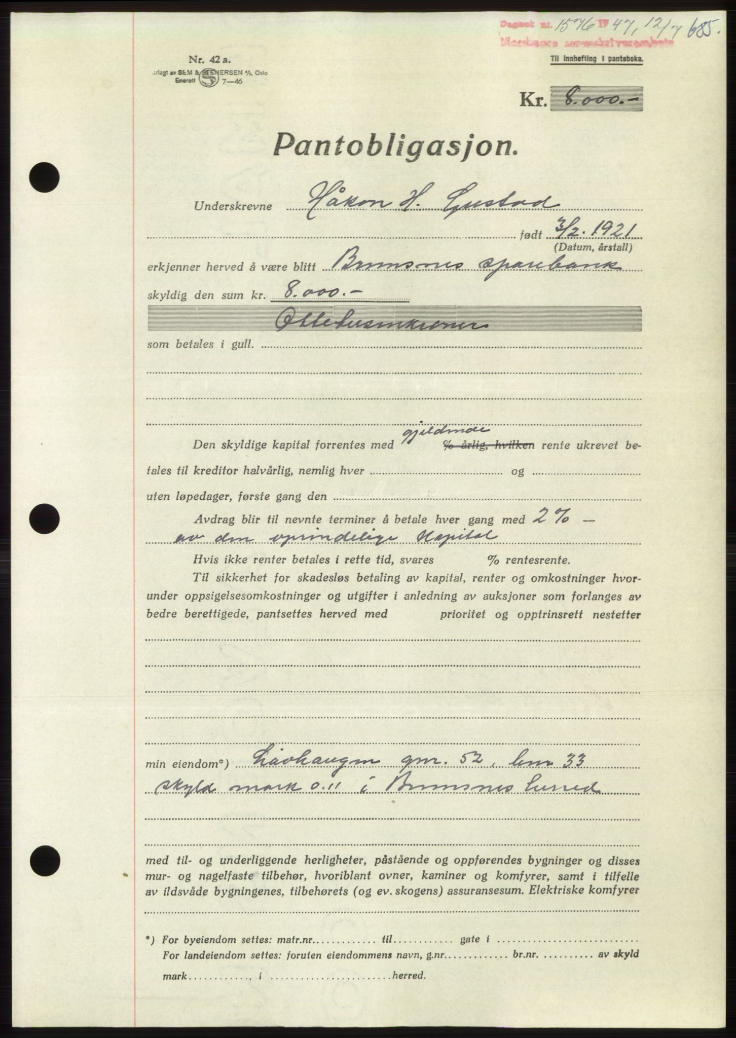 Nordmøre sorenskriveri, AV/SAT-A-4132/1/2/2Ca: Mortgage book no. B96, 1947-1947, Diary no: : 1576/1947