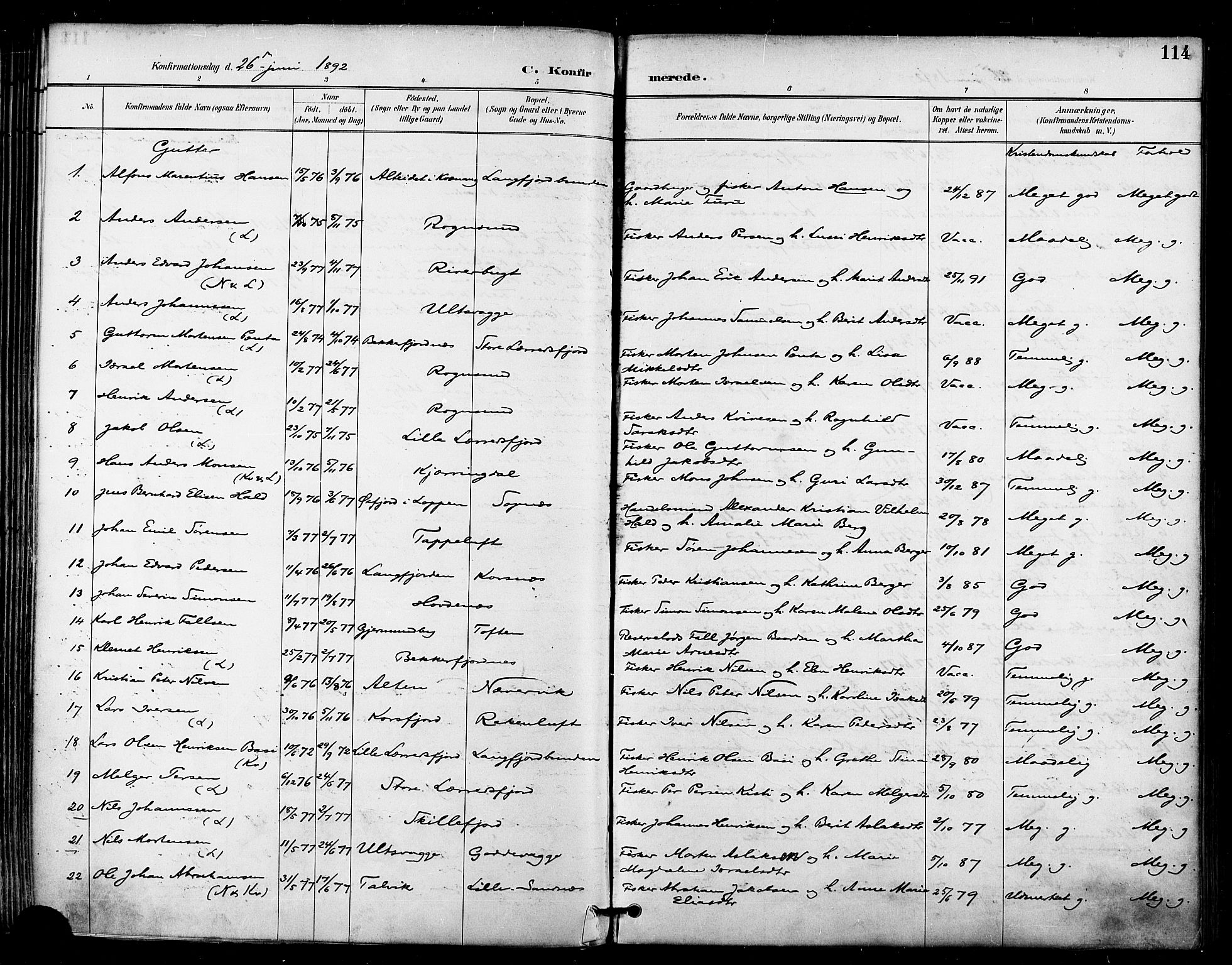 Talvik sokneprestkontor, SATØ/S-1337/H/Ha/L0013kirke: Parish register (official) no. 13, 1886-1897, p. 114