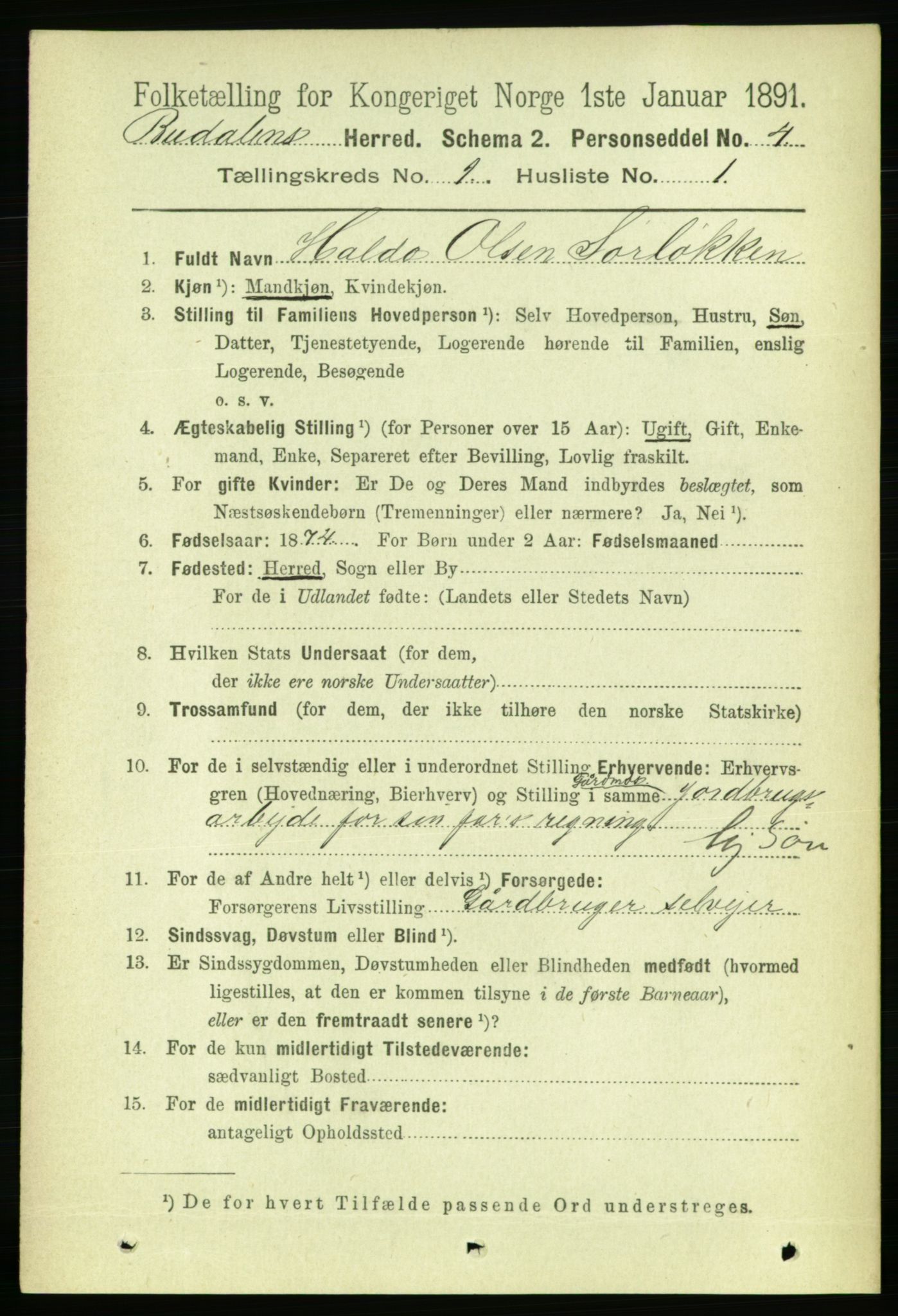 RA, 1891 census for 1647 Budal, 1891, p. 64