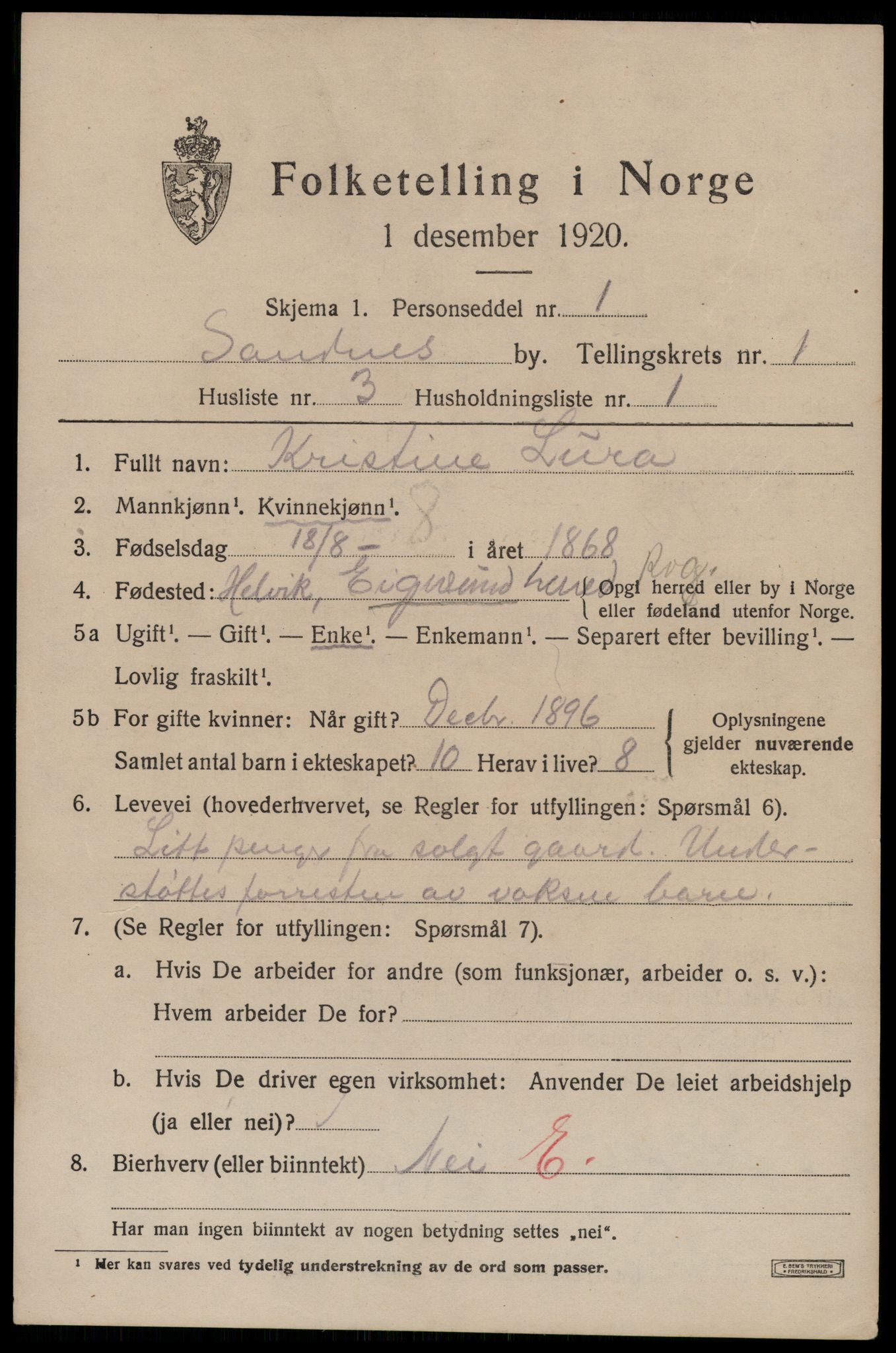 SAST, 1920 census for Sandnes, 1920, p. 2500