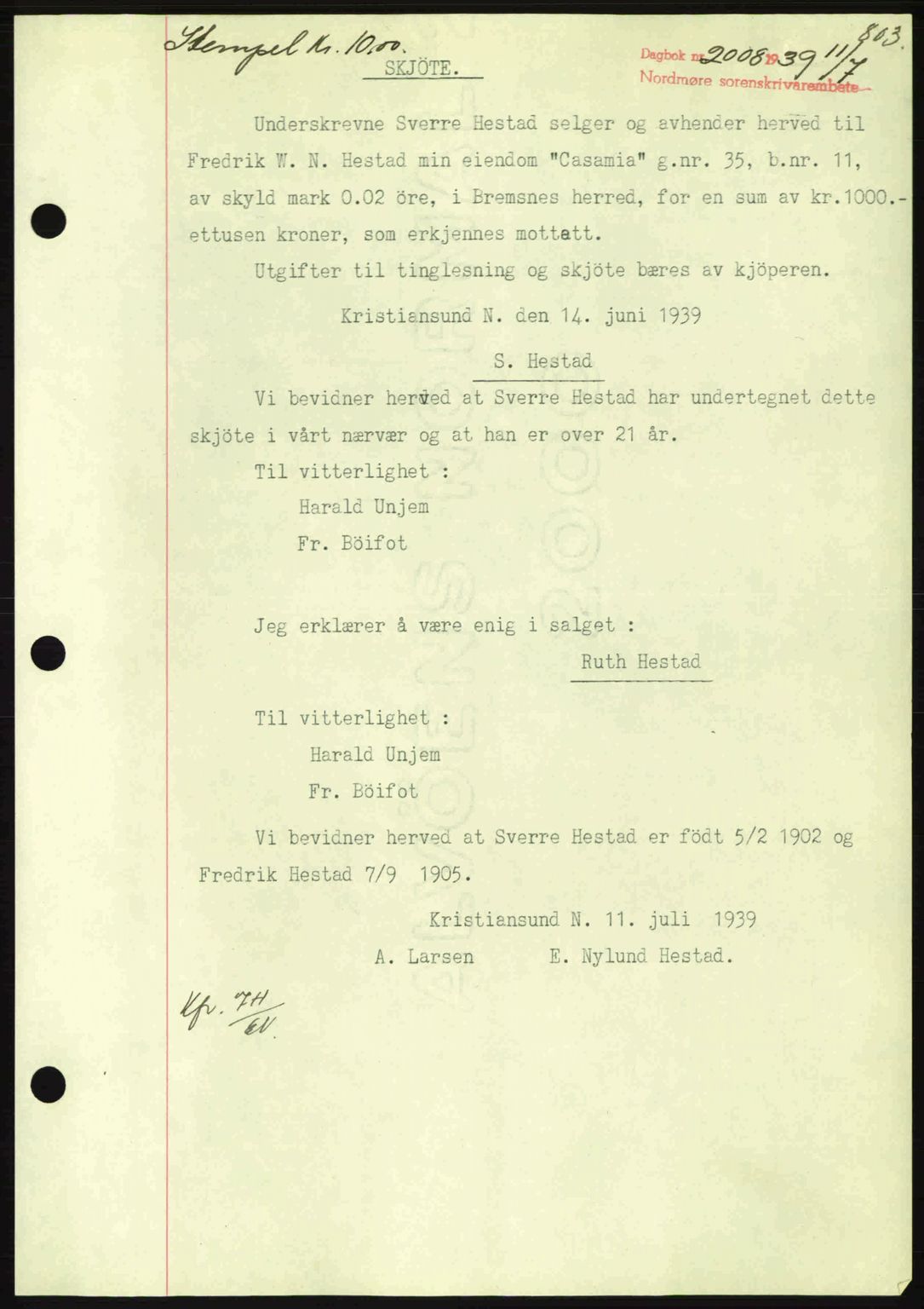 Nordmøre sorenskriveri, SAT/A-4132/1/2/2Ca: Mortgage book no. A86, 1939-1939, Diary no: : 2008/1939