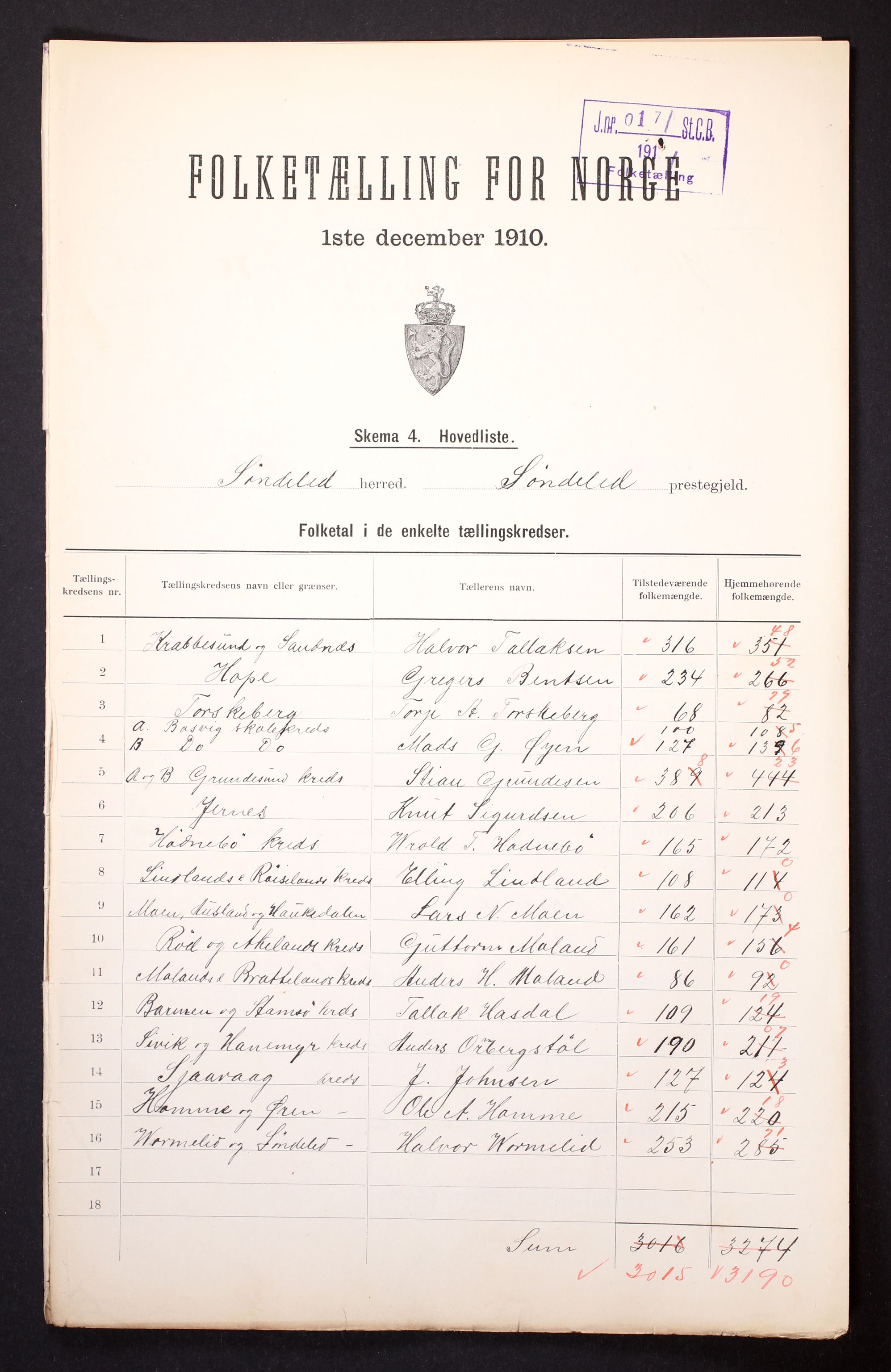 RA, 1910 census for Søndeled, 1910, p. 2