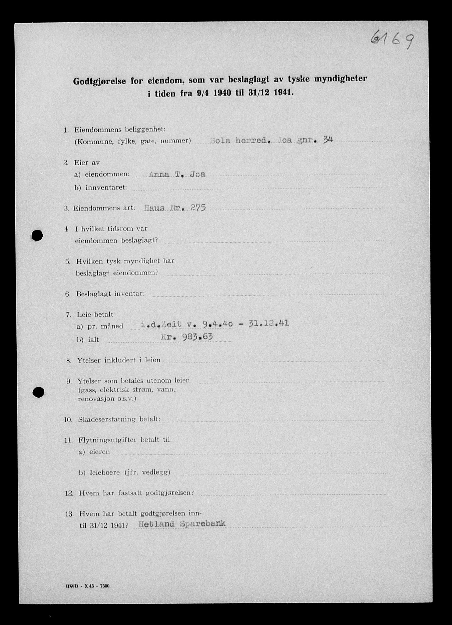Justisdepartementet, Tilbakeføringskontoret for inndratte formuer, AV/RA-S-1564/I/L1014: Godtgjørelse for beslaglagt eiendom, 1940-1941, p. 378