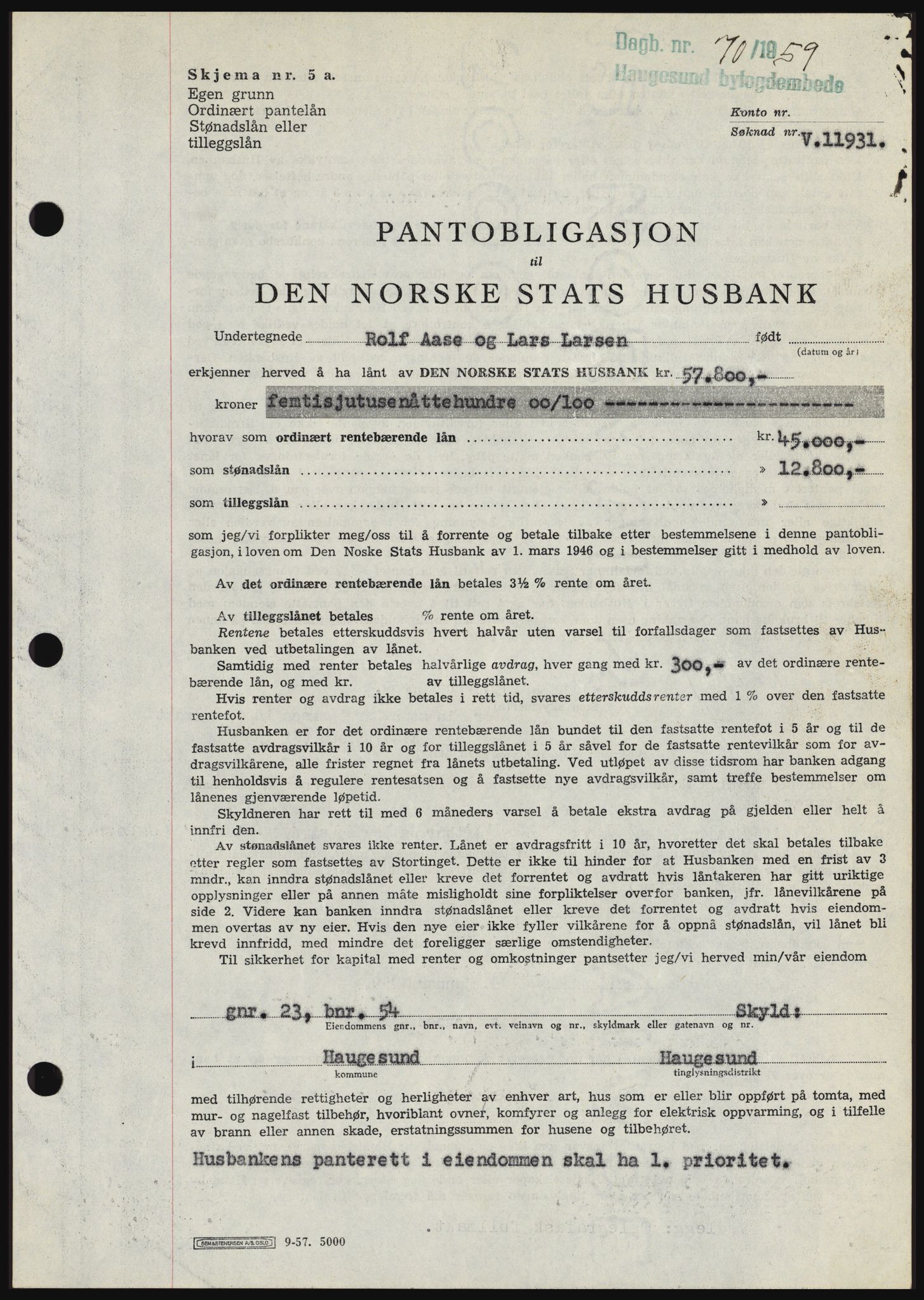 Haugesund tingrett, SAST/A-101415/01/II/IIC/L0044: Mortgage book no. B 44, 1958-1959, Diary no: : 70/1959