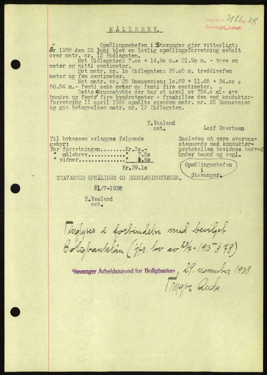 Stavanger byrett, SAST/A-100455/002/G/Gb/L0014: Mortgage book no. A4, 1938-1939, Diary no: : 3166/1938