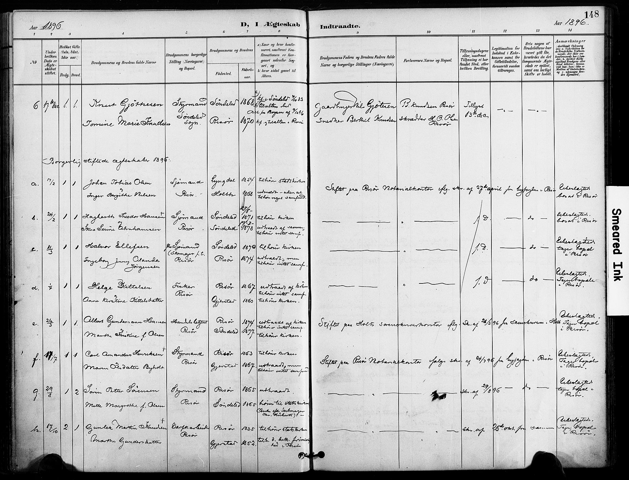 Risør sokneprestkontor, SAK/1111-0035/F/Fa/L0010: Parish register (official) no. A 10, 1896-1906, p. 148