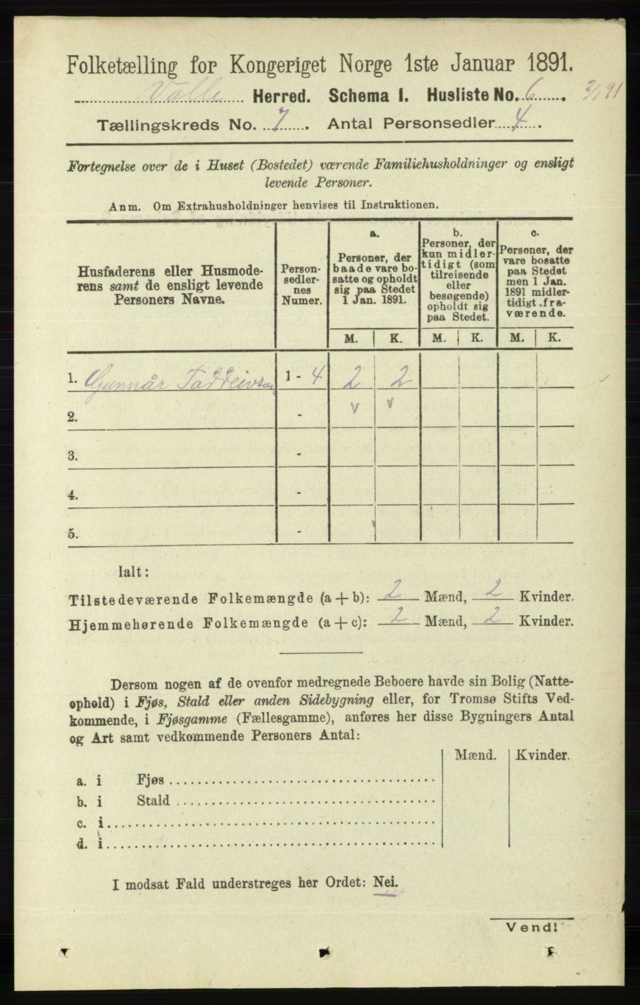 RA, 1891 census for 0940 Valle, 1891, p. 1929