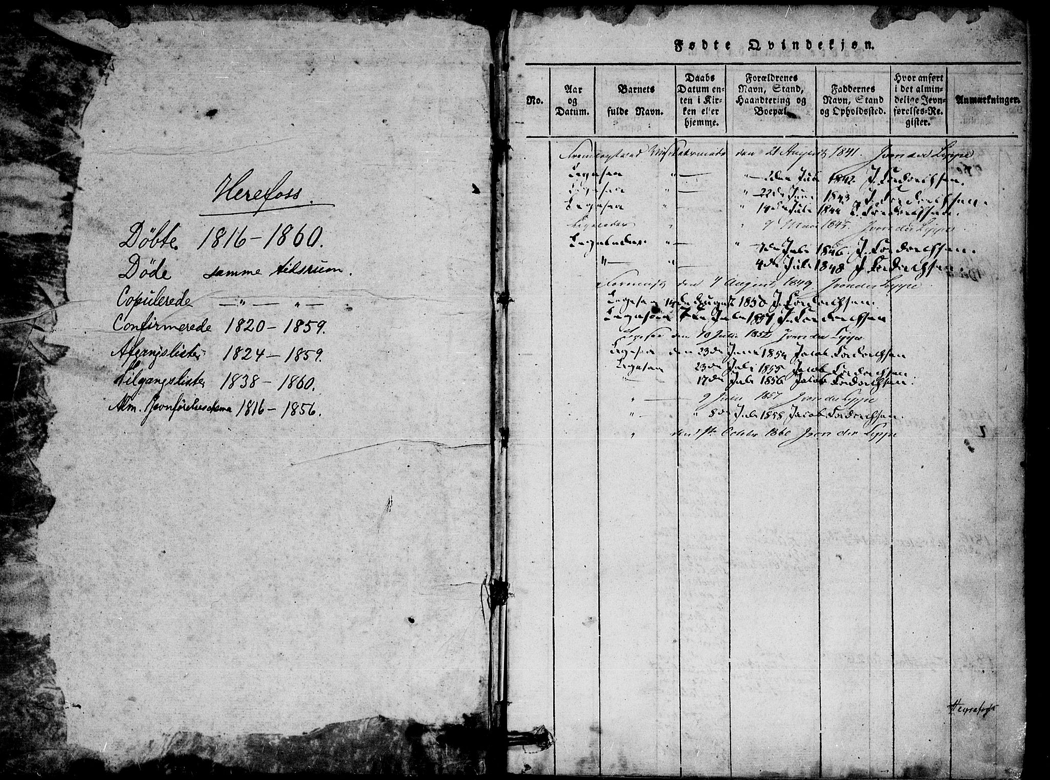 Herefoss sokneprestkontor, SAK/1111-0019/F/Fa/Faa/L0001: Parish register (official) no. A 1, 1816-1860