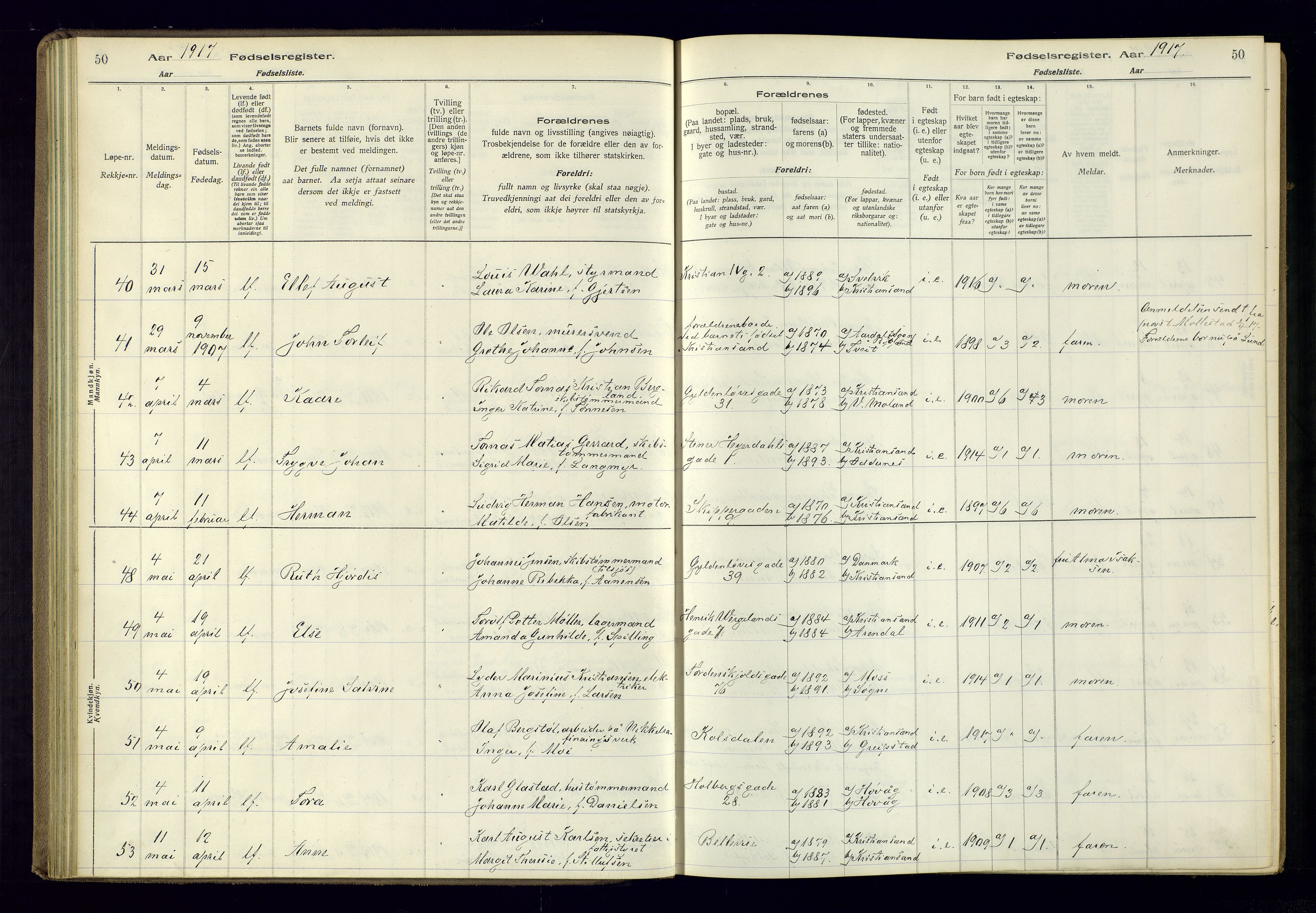 Kristiansand domprosti, AV/SAK-1112-0006/J/Jc/L0001: Birth register no. A-VI-45, 1916-1921, p. 50