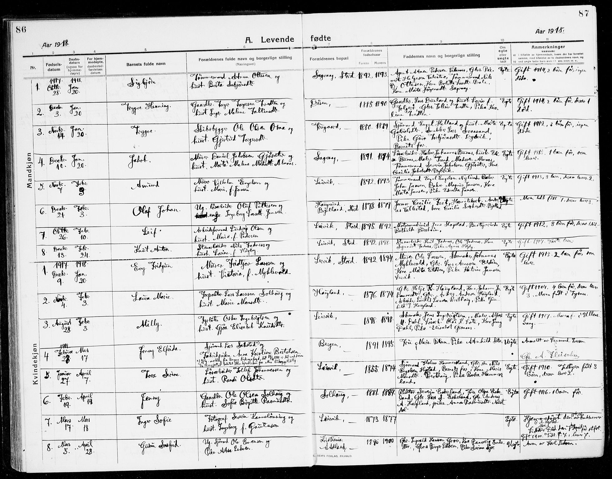 Stord sokneprestembete, SAB/A-78201/H/Haa: Parish register (official) no. B 3, 1913-1925, p. 86-87