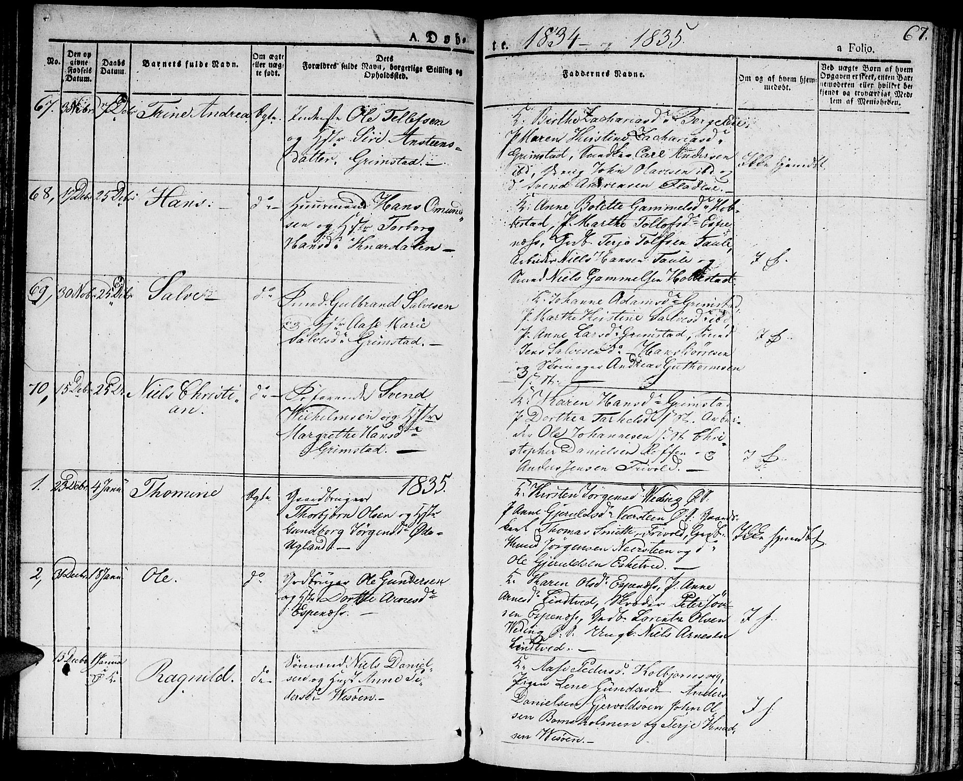 Fjære sokneprestkontor, SAK/1111-0011/F/Fa/L0002: Parish register (official) no. A 2, 1827-1839, p. 67