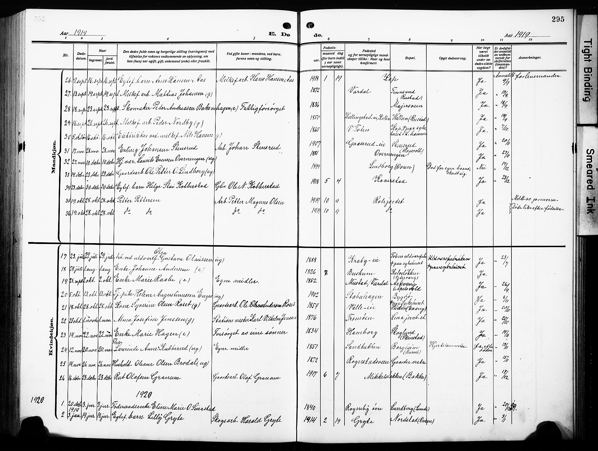 Østre Toten prestekontor, SAH/PREST-104/H/Ha/Hab/L0010: Parish register (copy) no. 10, 1912-1933, p. 295