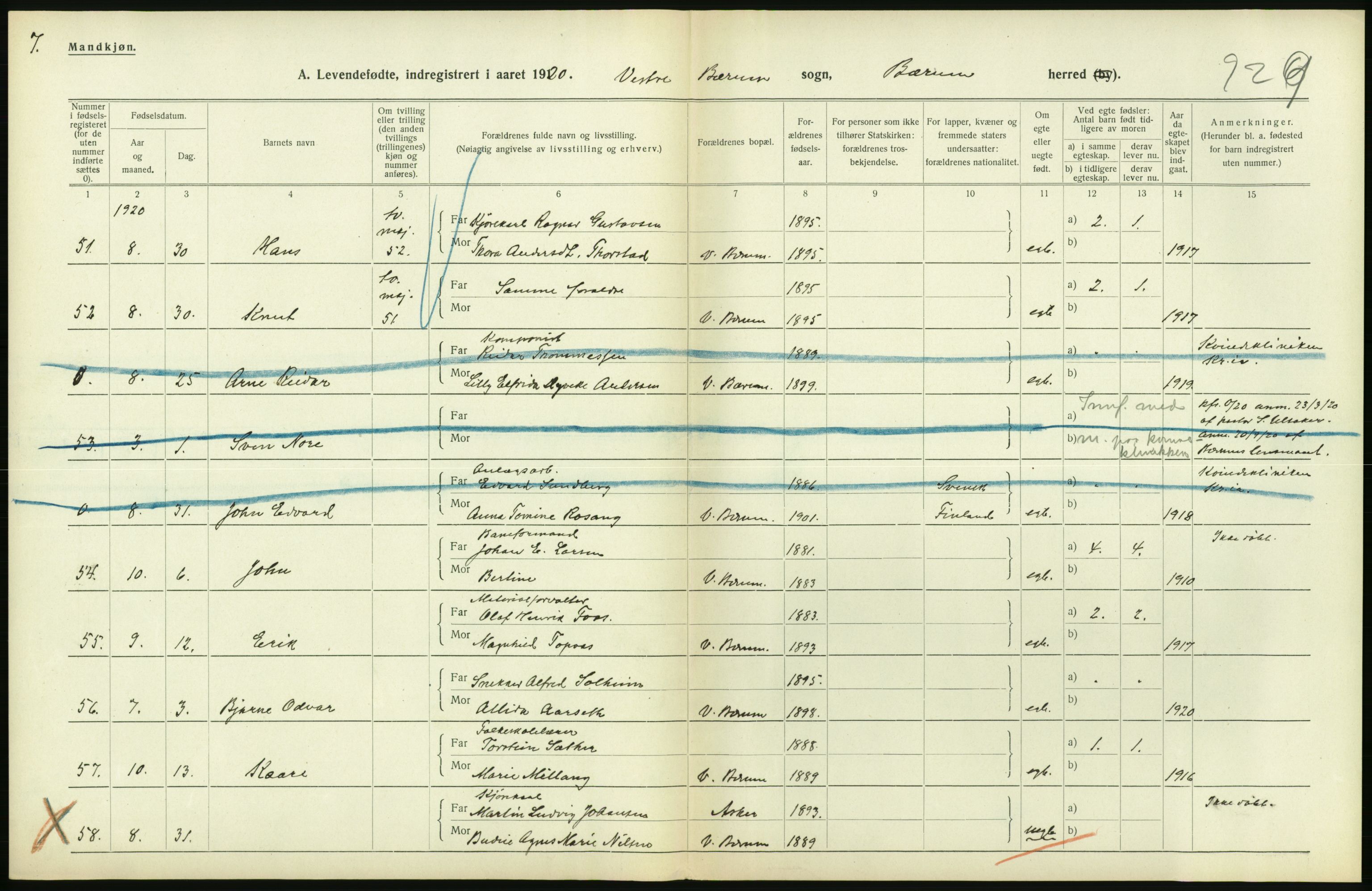 Statistisk sentralbyrå, Sosiodemografiske emner, Befolkning, RA/S-2228/D/Df/Dfb/Dfbj/L0004: Akershus fylke: Levendefødte menn og kvinner. Bygder., 1920, p. 364