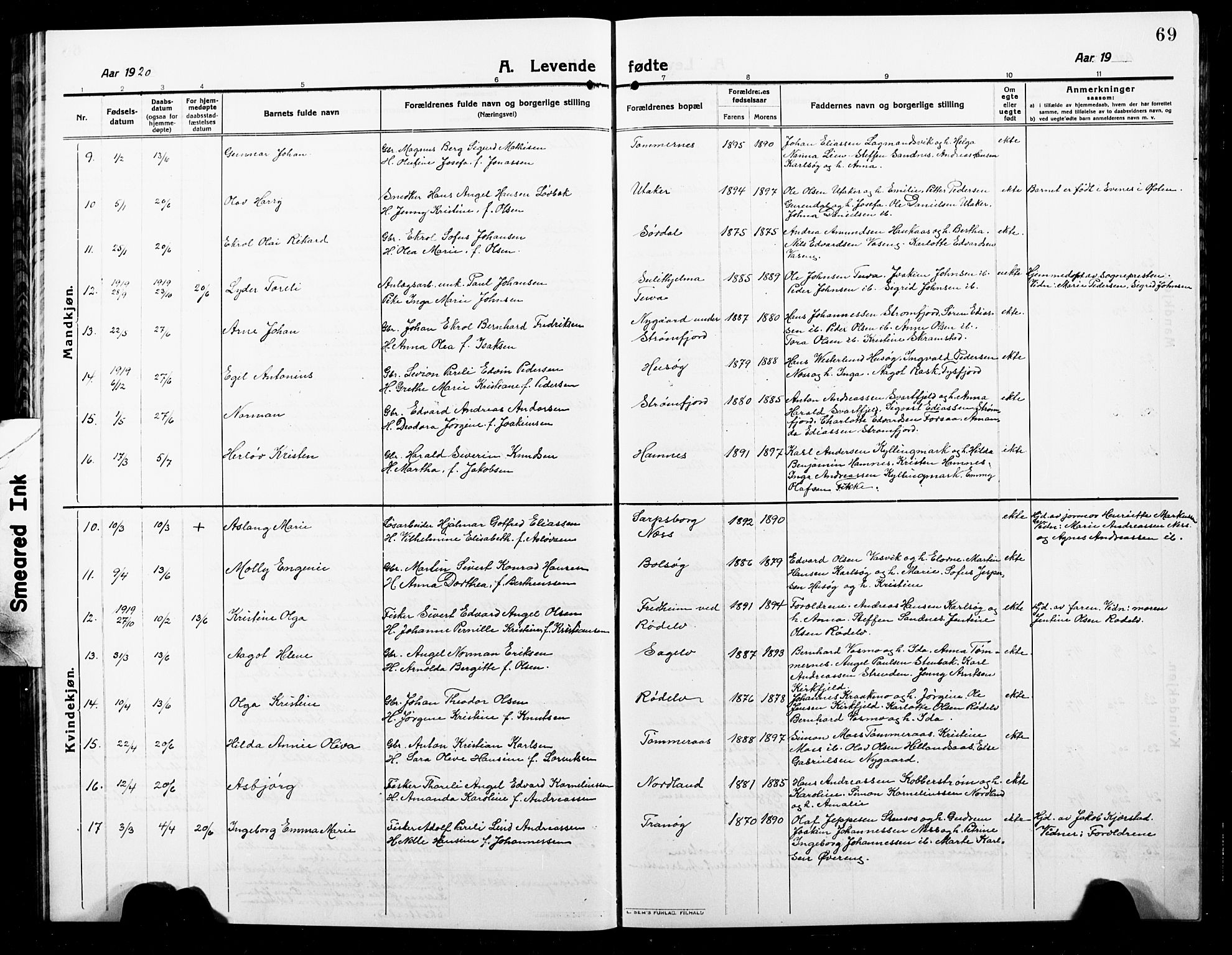 Ministerialprotokoller, klokkerbøker og fødselsregistre - Nordland, SAT/A-1459/859/L0861: Parish register (copy) no. 859C07, 1910-1925, p. 69