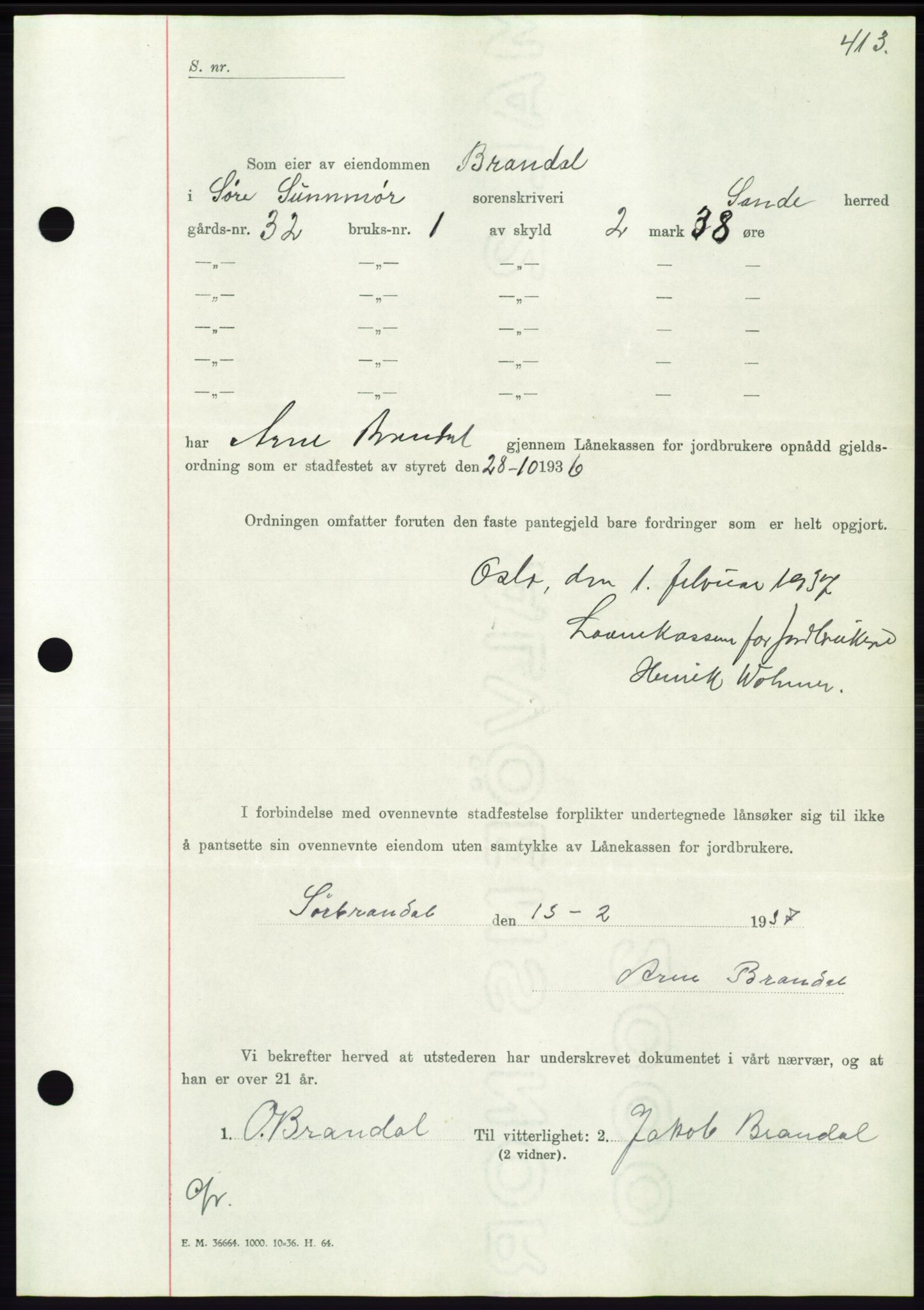 Søre Sunnmøre sorenskriveri, AV/SAT-A-4122/1/2/2C/L0062: Mortgage book no. 56, 1936-1937, Diary no: : 296/1937