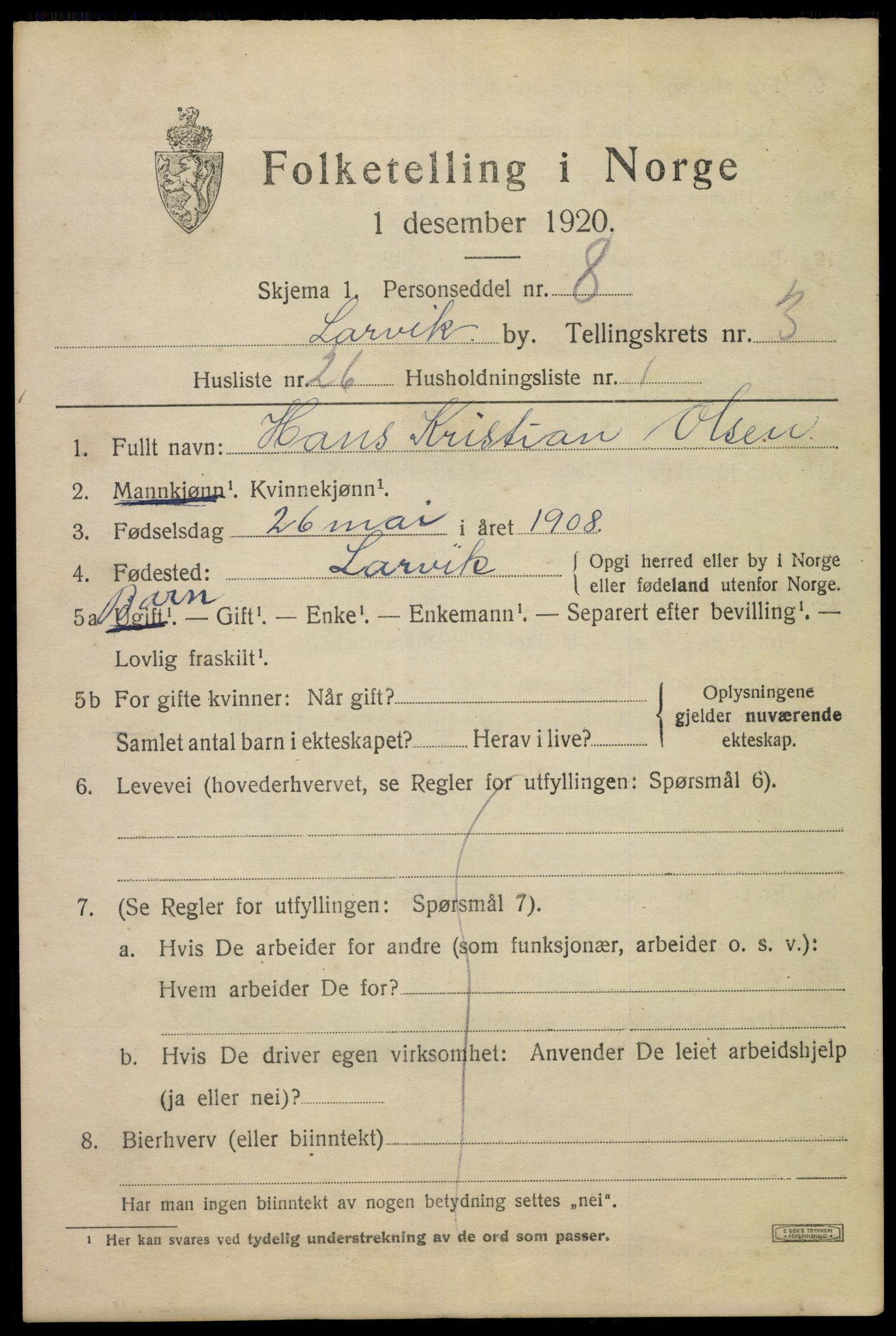 SAKO, 1920 census for Larvik, 1920, p. 12726