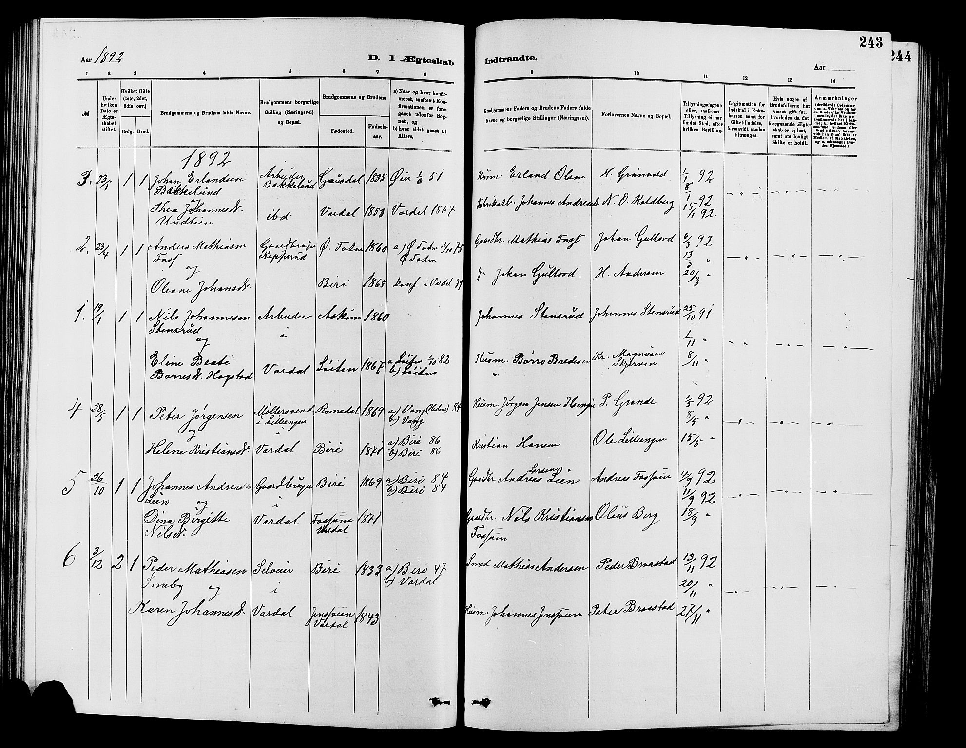 Vardal prestekontor, SAH/PREST-100/H/Ha/Hab/L0007: Parish register (copy) no. 7 /1, 1881-1895, p. 243