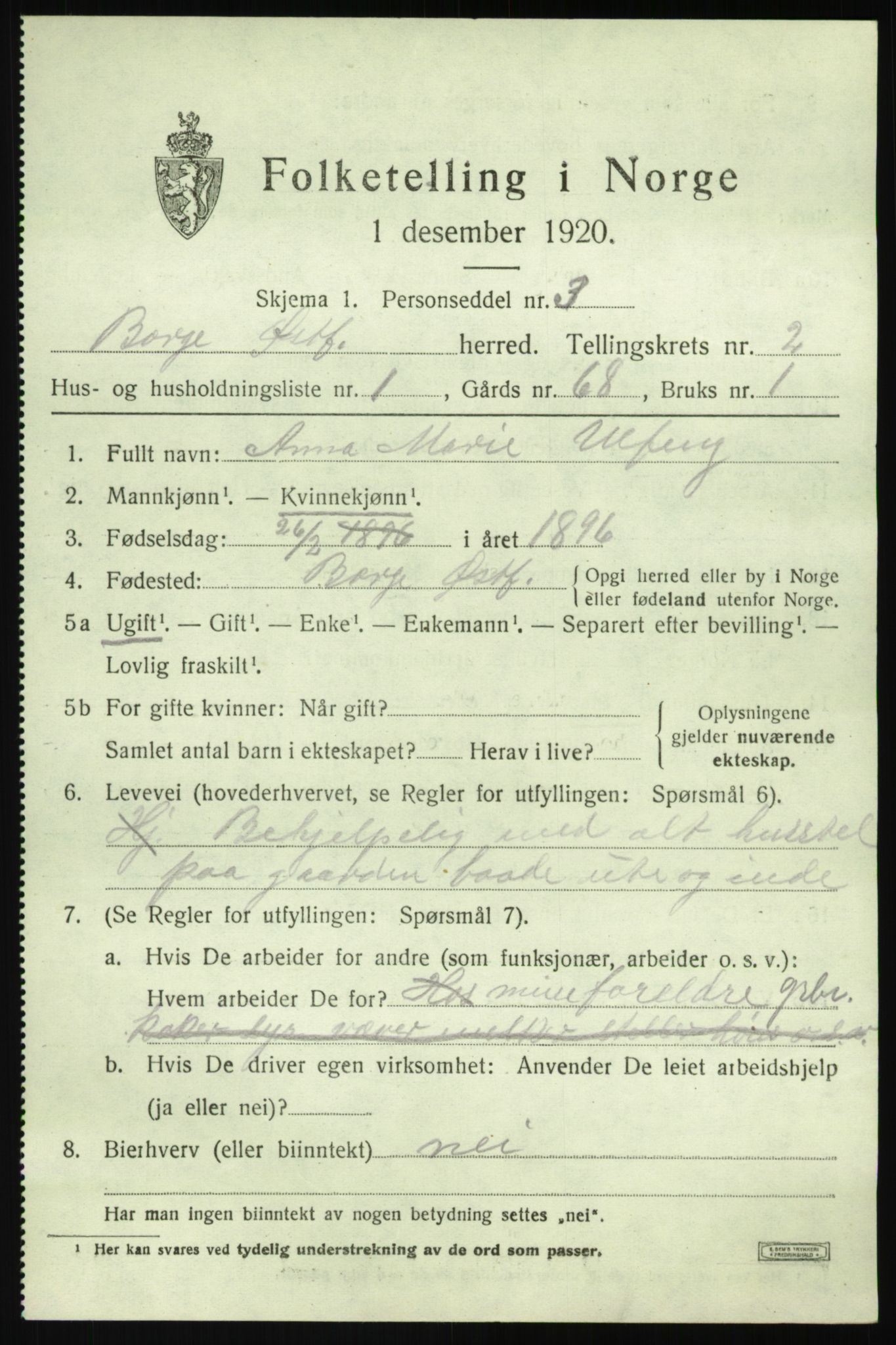 SAO, 1920 census for Borge, 1920, p. 3013