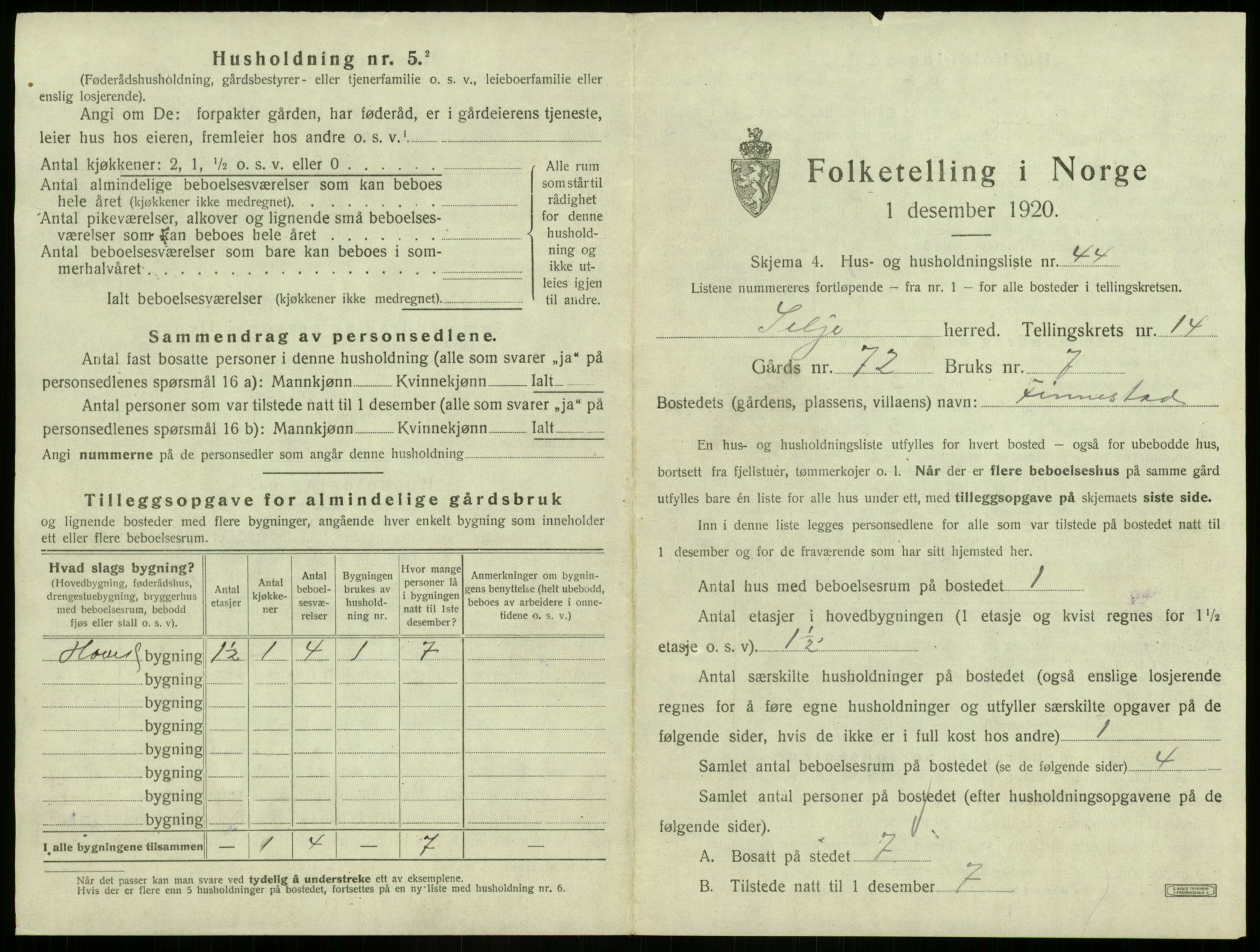 SAB, 1920 census for Selje, 1920, p. 920