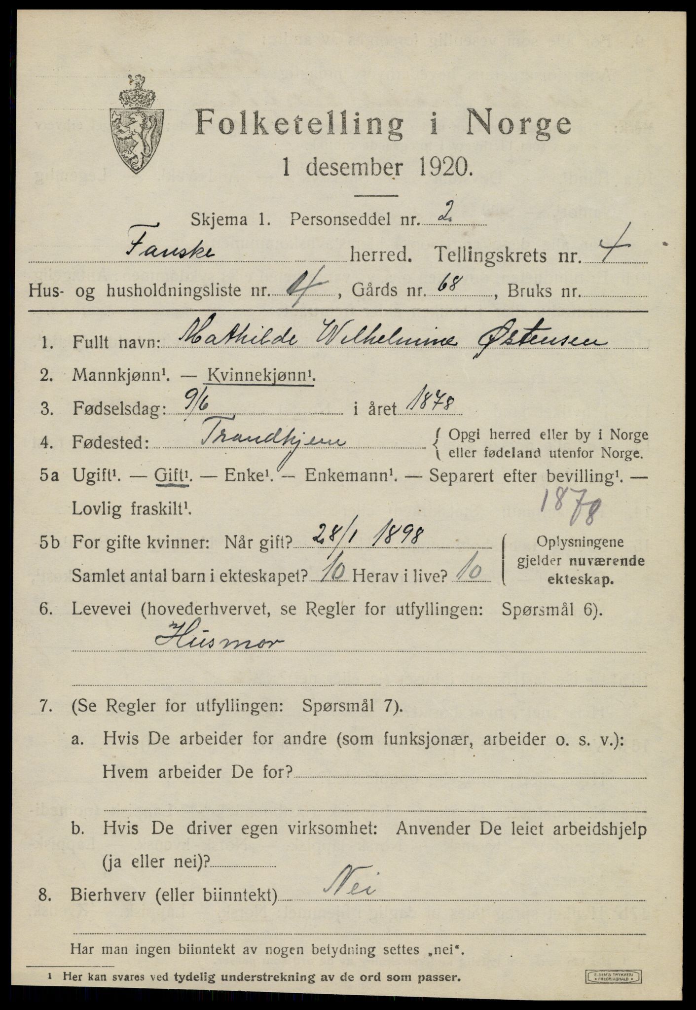 SAT, 1920 census for Fauske, 1920, p. 4178