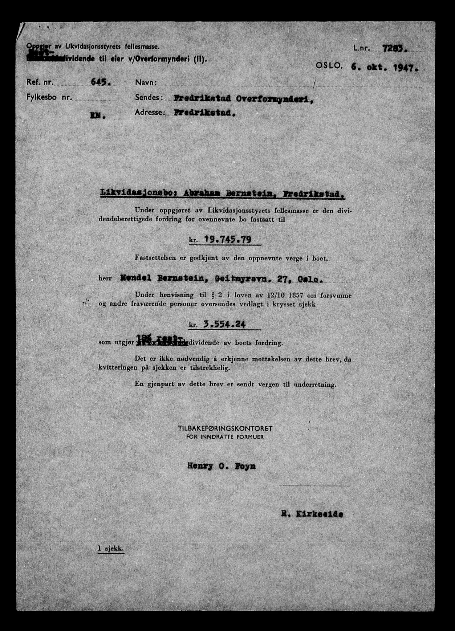 Justisdepartementet, Tilbakeføringskontoret for inndratte formuer, AV/RA-S-1564/H/Hc/Hcd/L0991: --, 1945-1947, p. 161