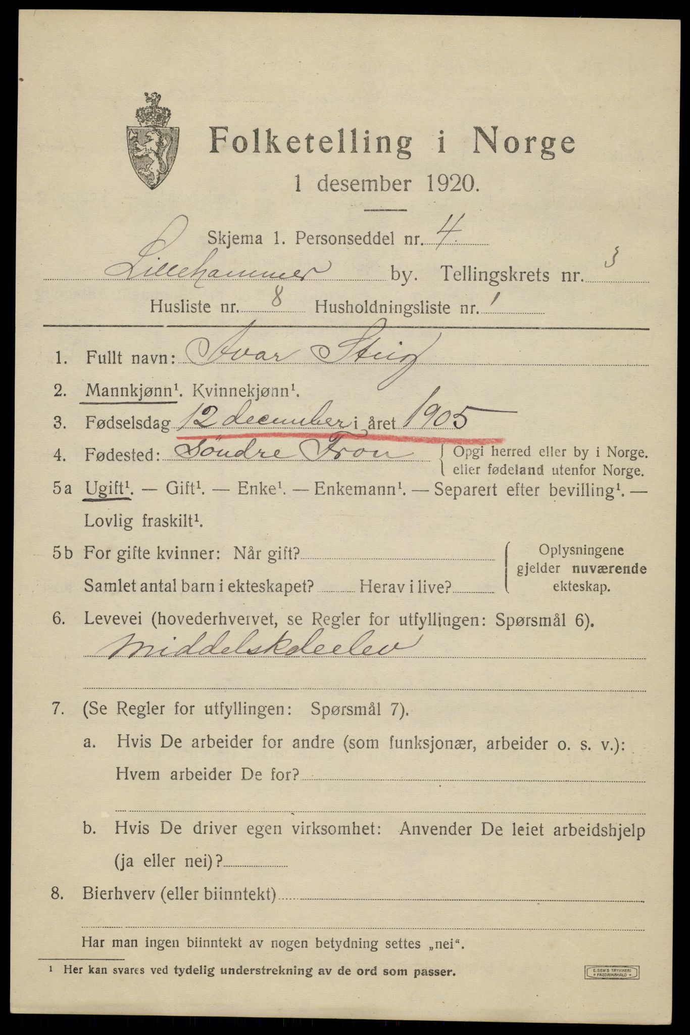 SAH, 1920 census for Lillehammer, 1920, p. 5792