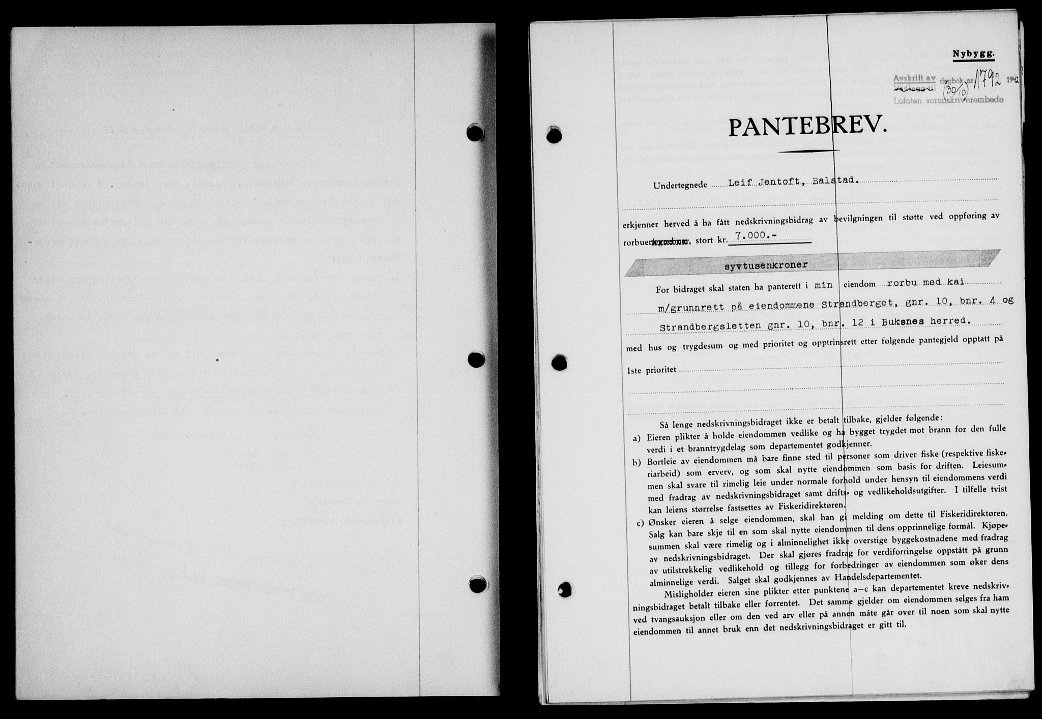 Lofoten sorenskriveri, SAT/A-0017/1/2/2C/L0010a: Mortgage book no. 10a, 1942-1943, Diary no: : 1792/1942