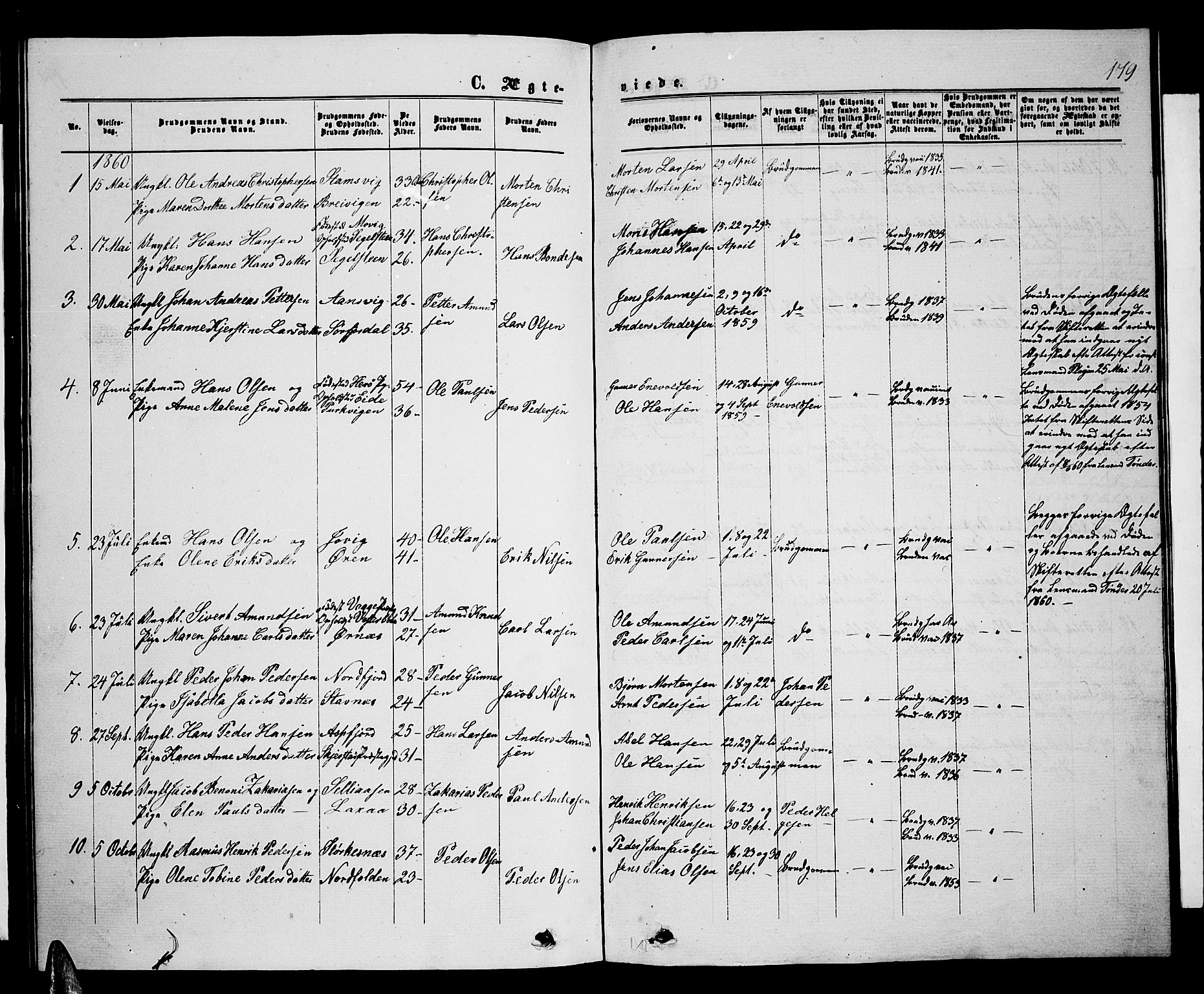 Ministerialprotokoller, klokkerbøker og fødselsregistre - Nordland, AV/SAT-A-1459/853/L0775: Parish register (copy) no. 853C03, 1859-1877, p. 179