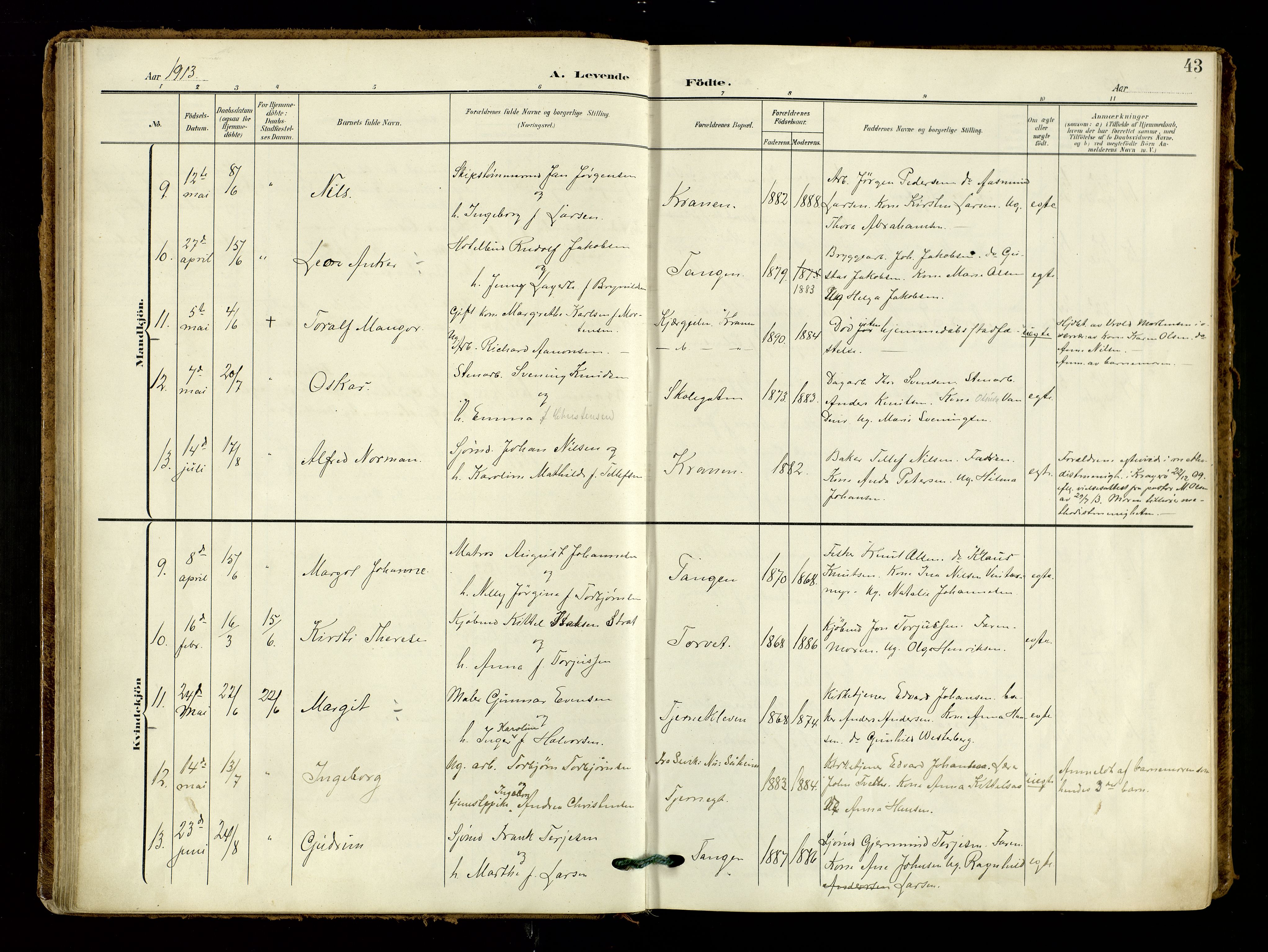 Risør sokneprestkontor, AV/SAK-1111-0035/F/Fa/L0011: Parish register (official) no. A 11, 1907-1920, p. 43