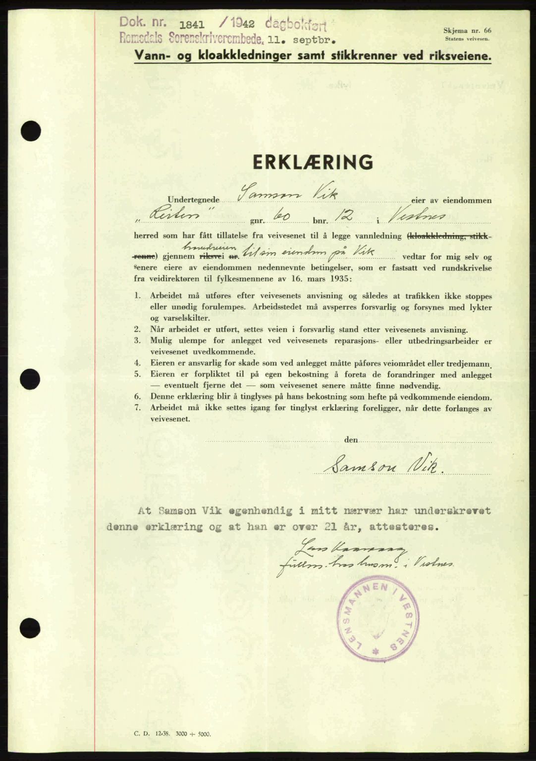 Romsdal sorenskriveri, AV/SAT-A-4149/1/2/2C: Mortgage book no. A12, 1942-1942, Diary no: : 1841/1942