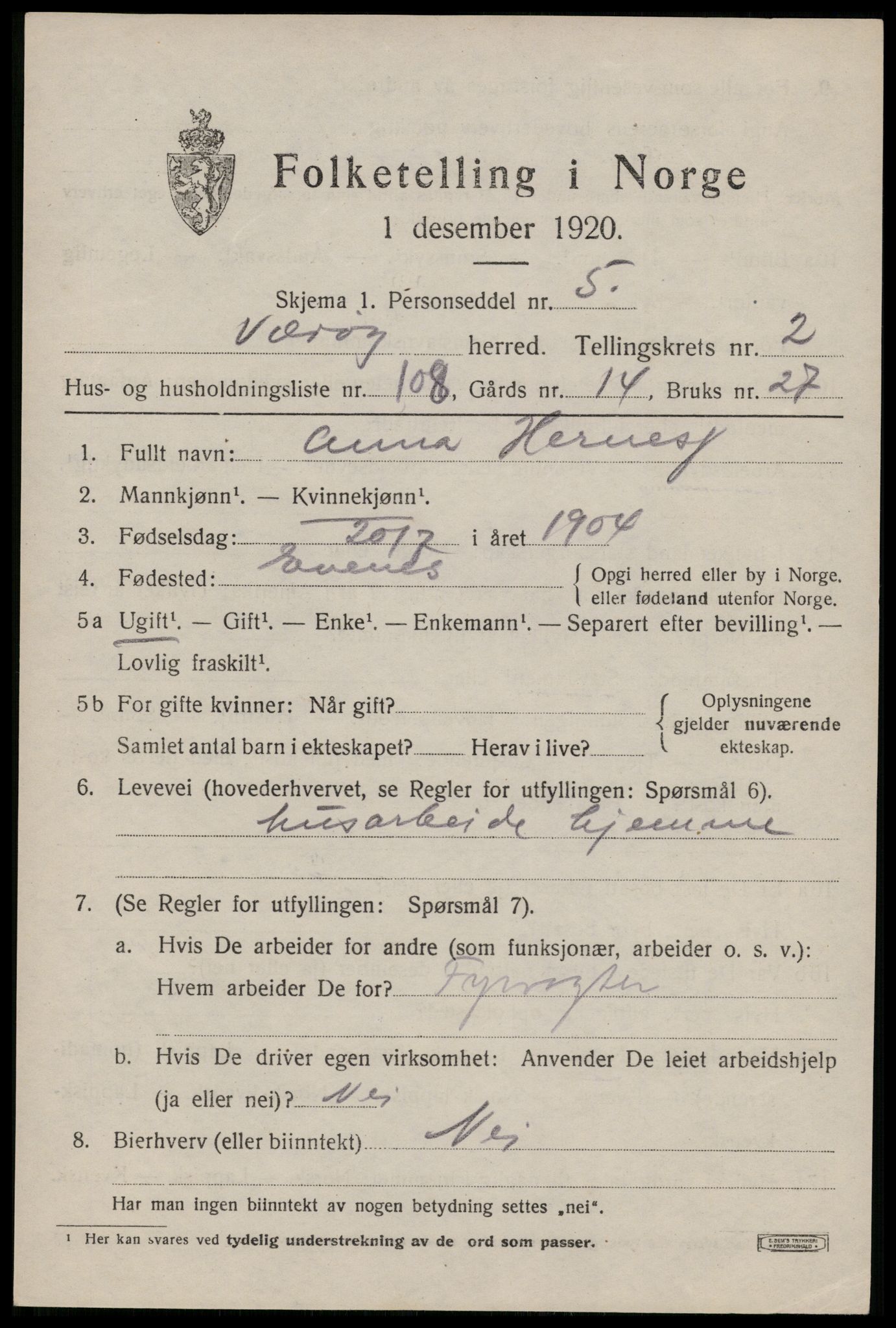 SAT, 1920 census for Værøy, 1920, p. 2221