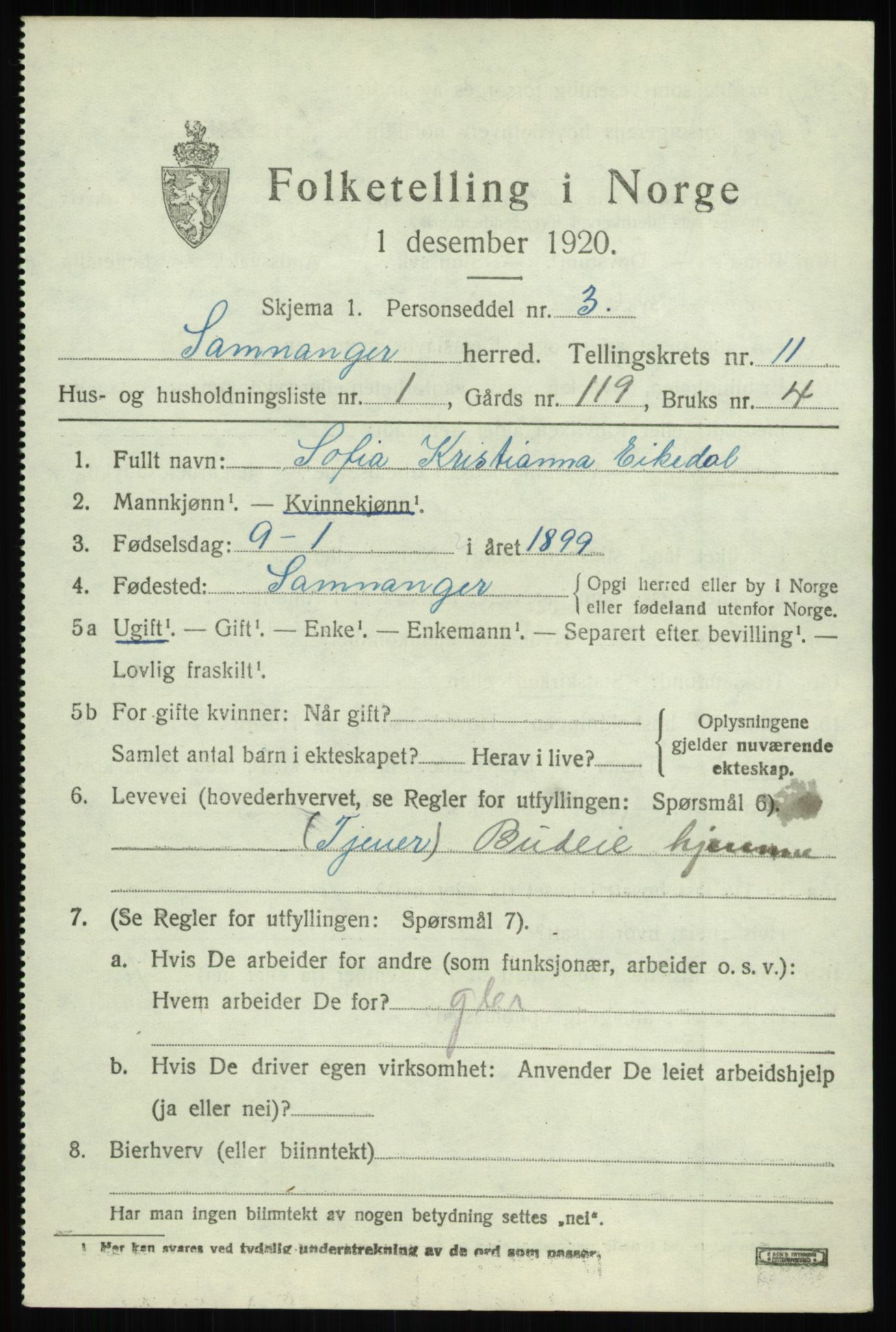 SAB, 1920 census for Samnanger, 1920, p. 4219