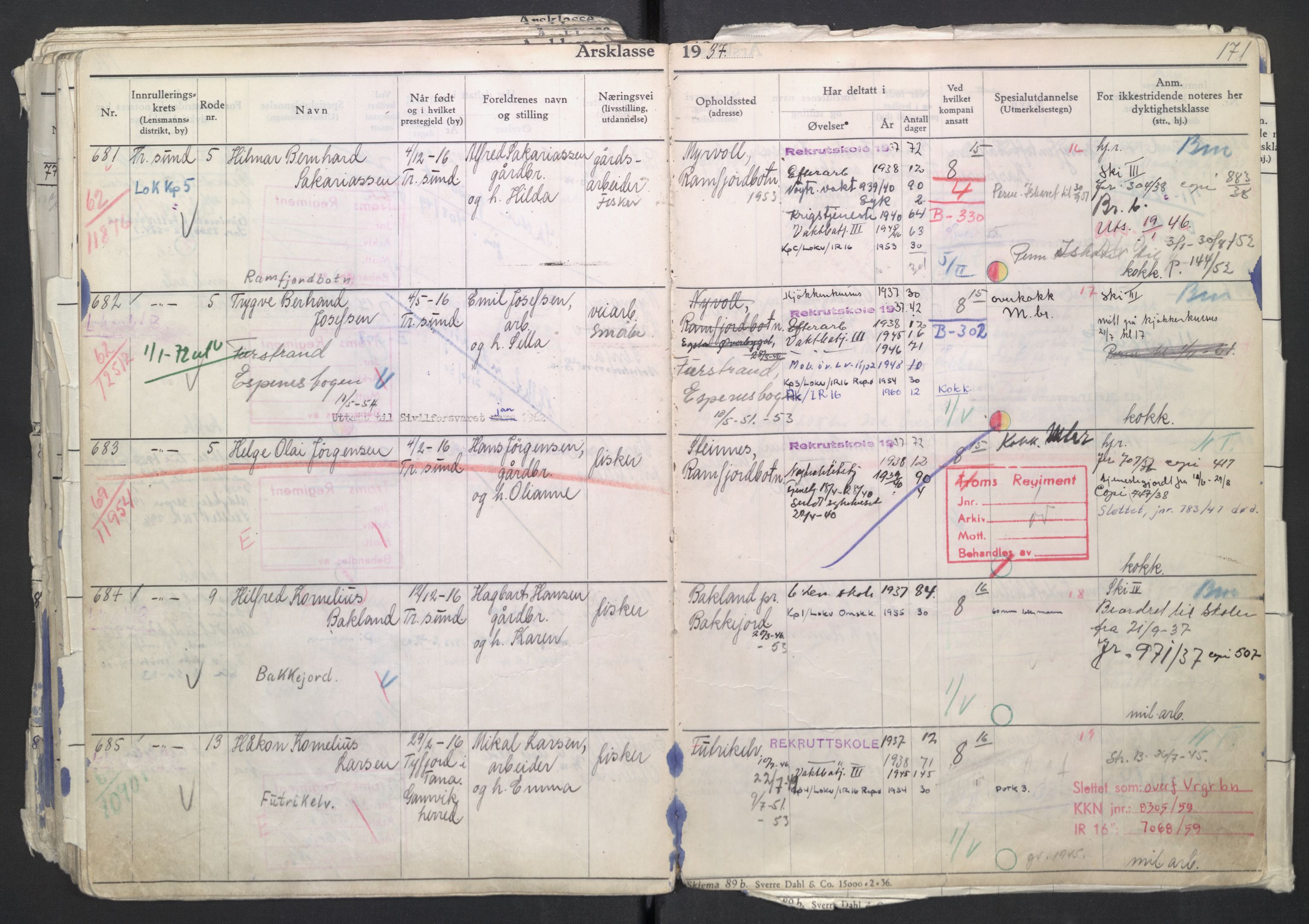 Forsvaret, Troms infanteriregiment nr. 16, AV/RA-RAFA-3146/P/Pa/L0007/0002: Ruller / Rulle for regimentets menige mannskaper, årsklasse 1937, 1937, p. 171