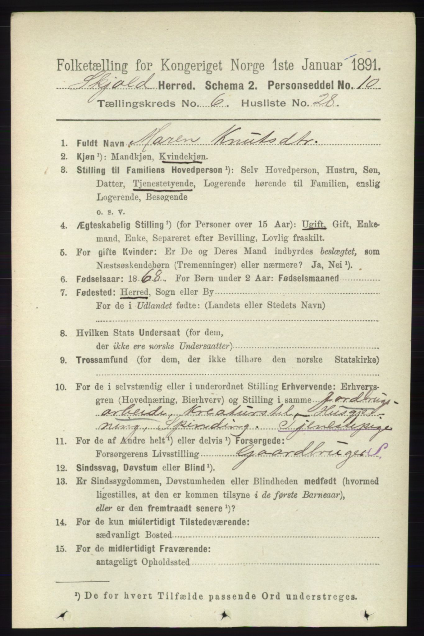 RA, 1891 census for 1154 Skjold, 1891, p. 1162