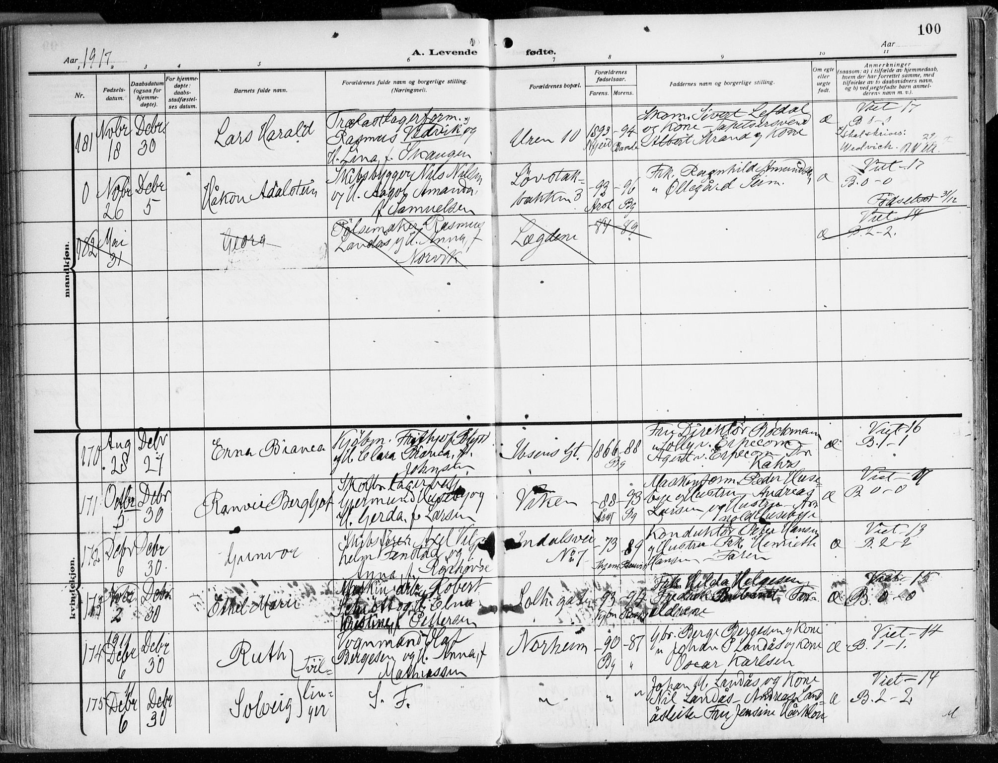 Årstad Sokneprestembete, AV/SAB-A-79301/H/Haa/L0003: Parish register (official) no. A 3, 1914-1919, p. 100