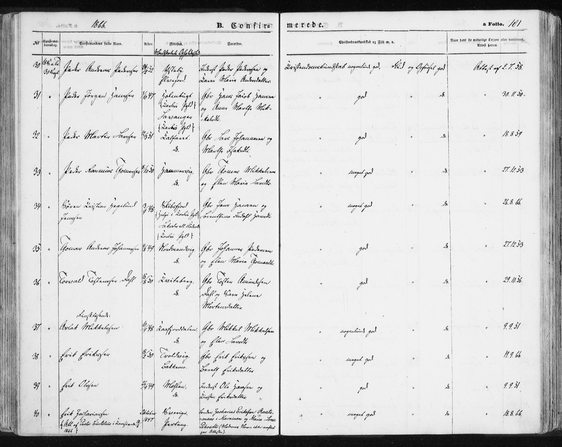 Lyngen sokneprestembete, AV/SATØ-S-1289/H/He/Hea/L0005kirke: Parish register (official) no. 5, 1859-1869, p. 181