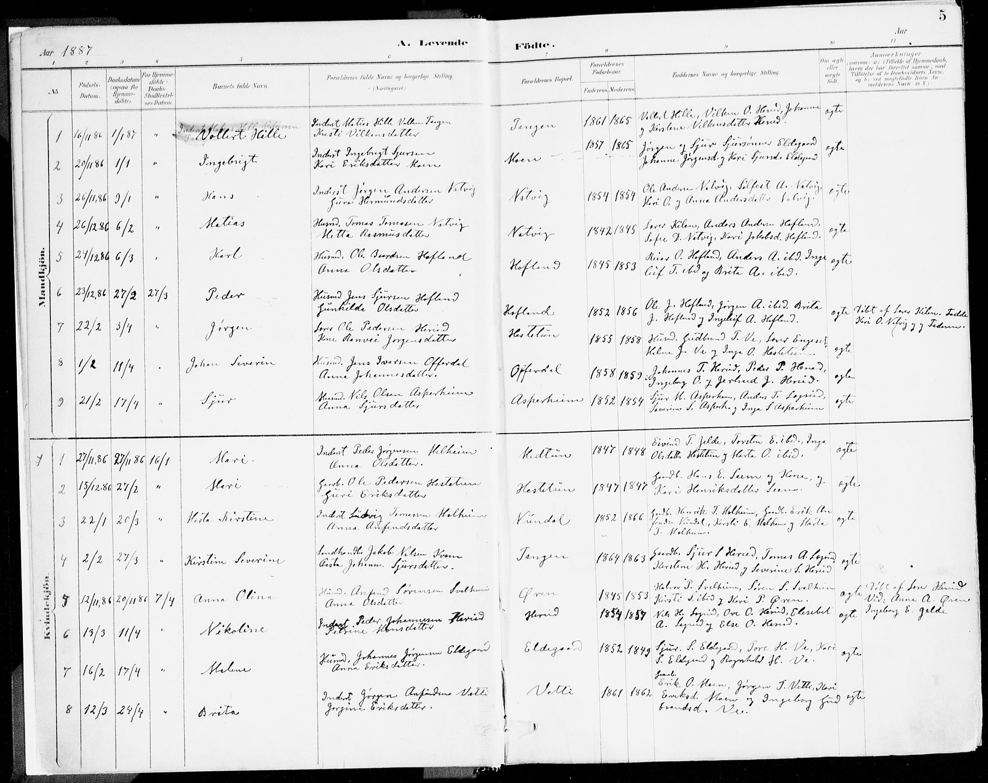 Årdal sokneprestembete, SAB/A-81701: Parish register (official) no. A 5, 1887-1917, p. 5