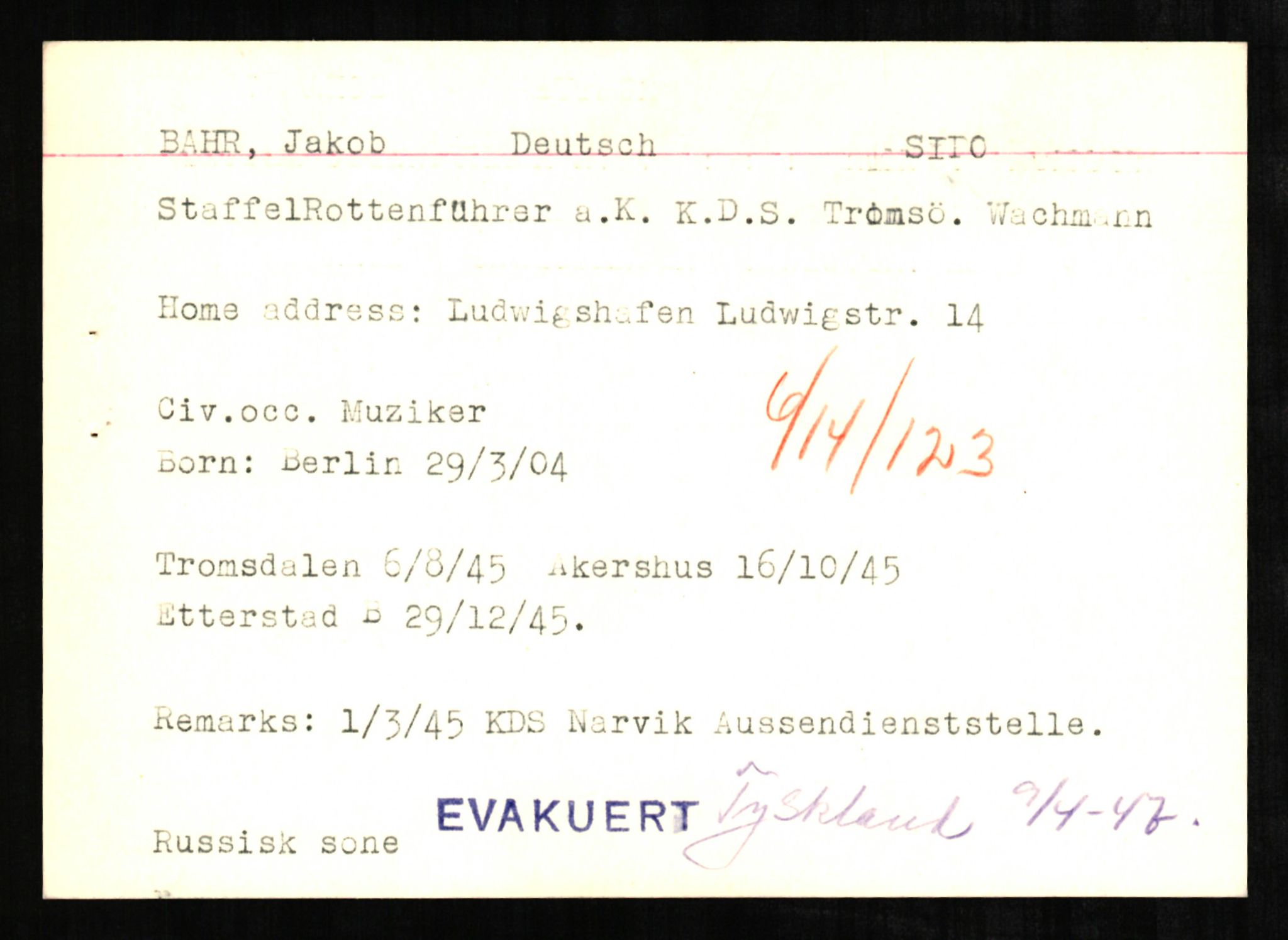 Forsvaret, Forsvarets overkommando II, AV/RA-RAFA-3915/D/Db/L0001: CI Questionaires. Tyske okkupasjonsstyrker i Norge. Tyskere., 1945-1946, p. 578