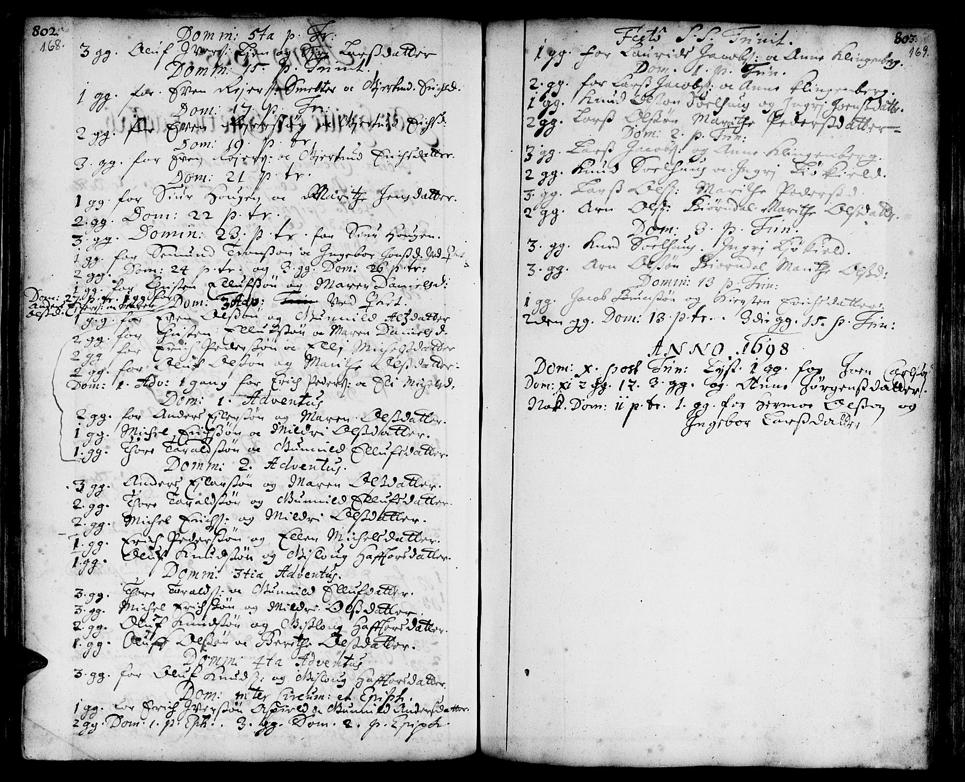 Ministerialprotokoller, klokkerbøker og fødselsregistre - Sør-Trøndelag, SAT/A-1456/668/L0801: Parish register (official) no. 668A01, 1695-1716, p. 168-169