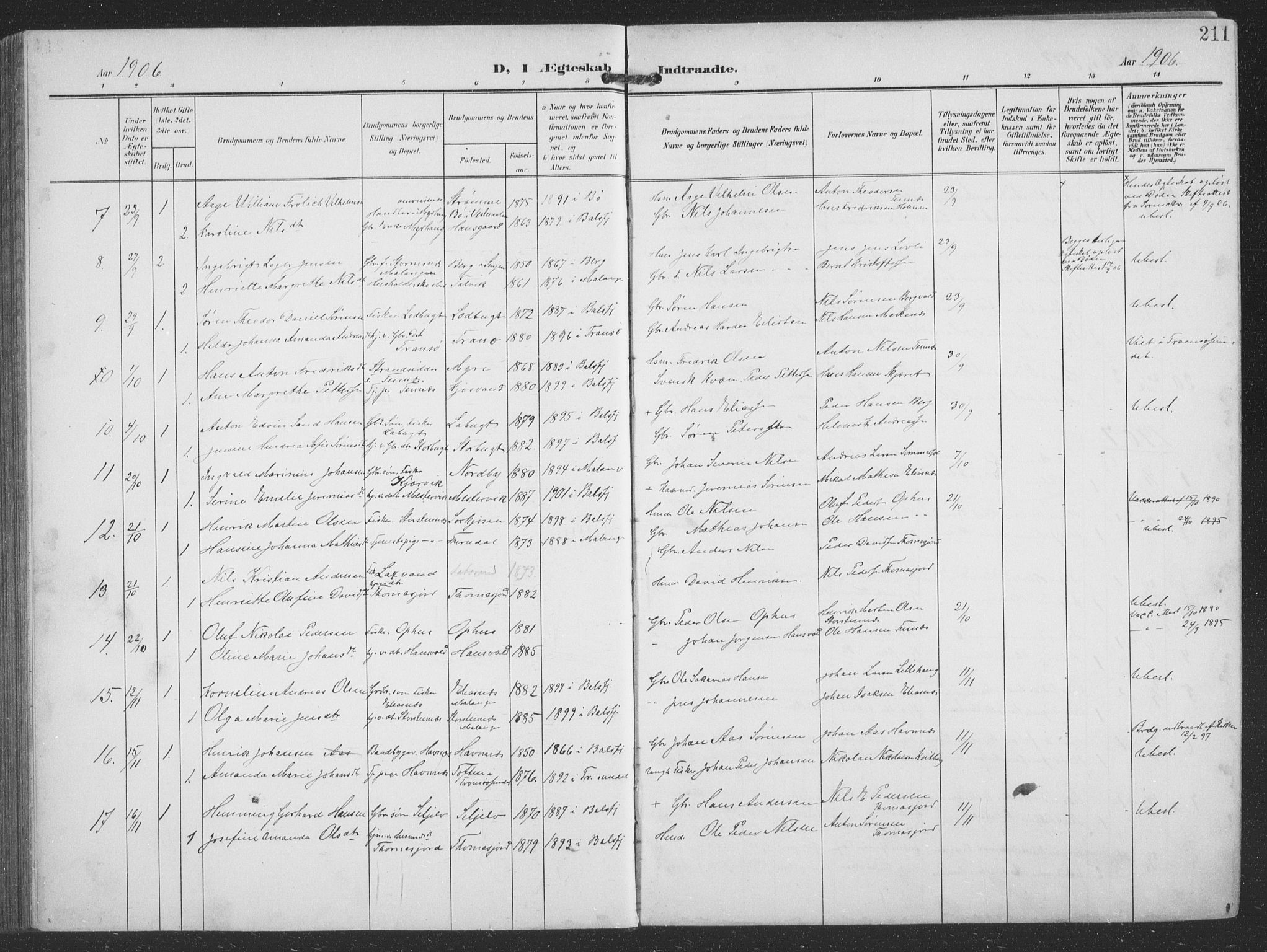 Balsfjord sokneprestembete, SATØ/S-1303/G/Ga/L0009klokker: Parish register (copy) no. 9, 1906-1920, p. 211