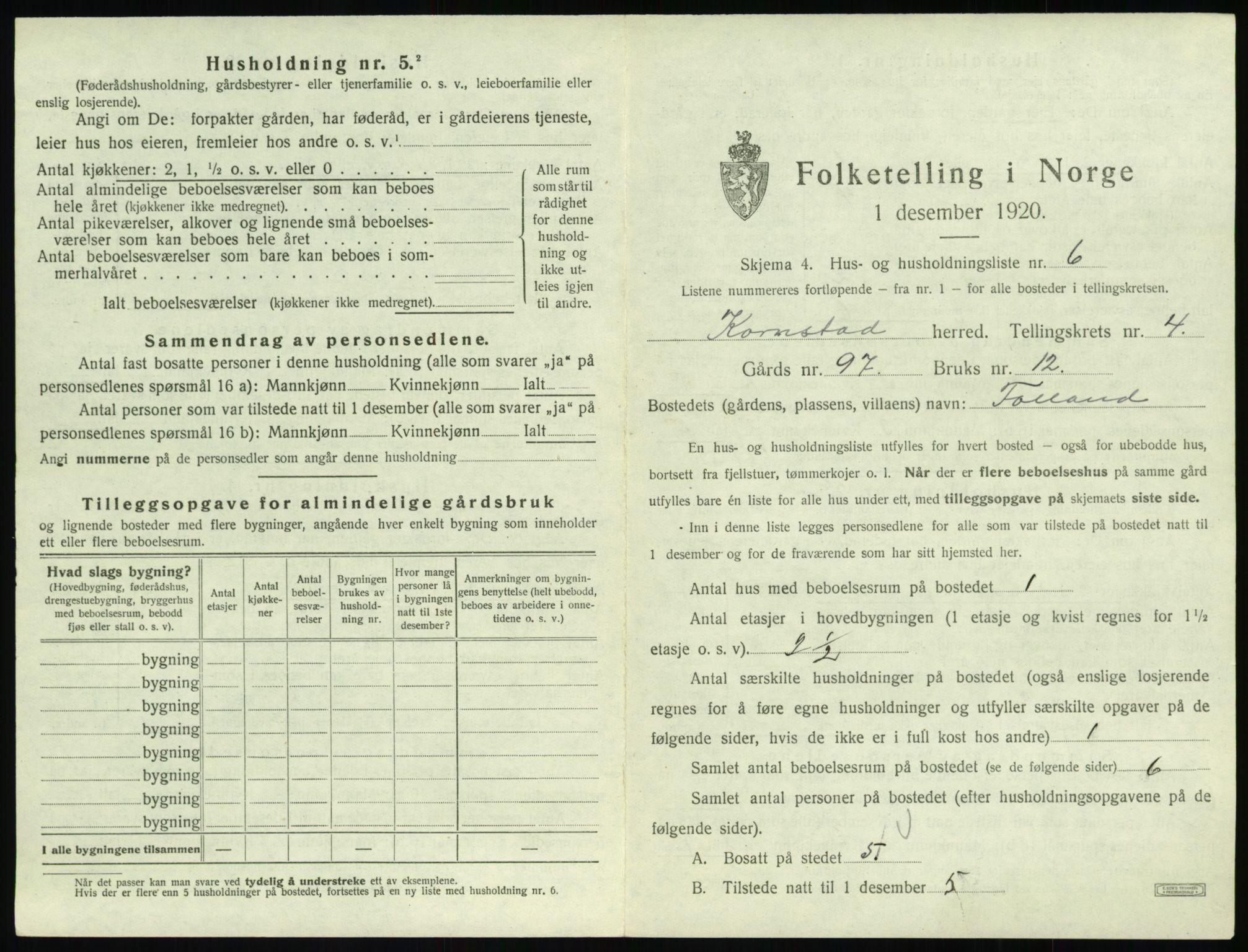 SAT, 1920 census for Kornstad, 1920, p. 329